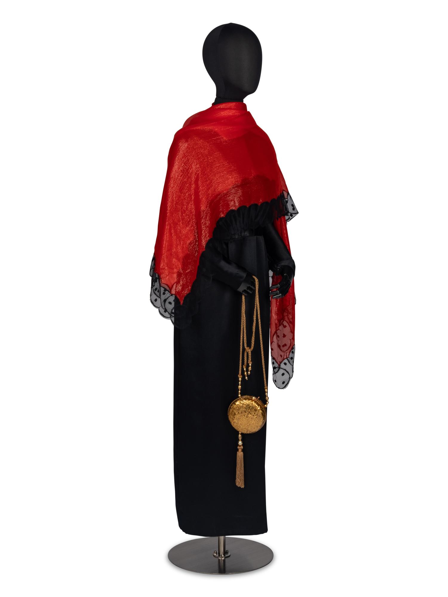 Geoffrey Beene Black Satin Gown with Scarf and Evening Bag