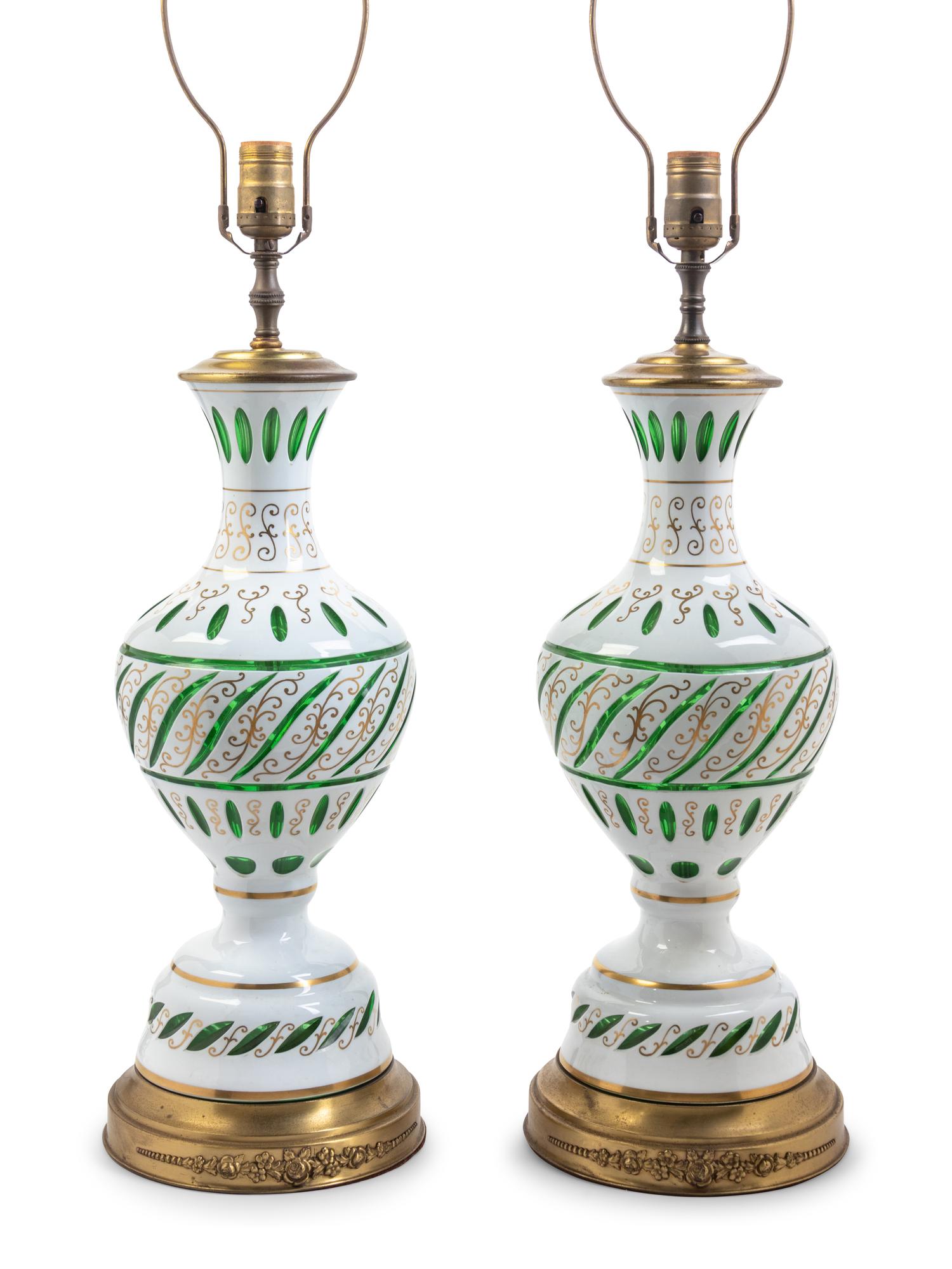 A Pair of Bohemian White Overlay Glass Vases