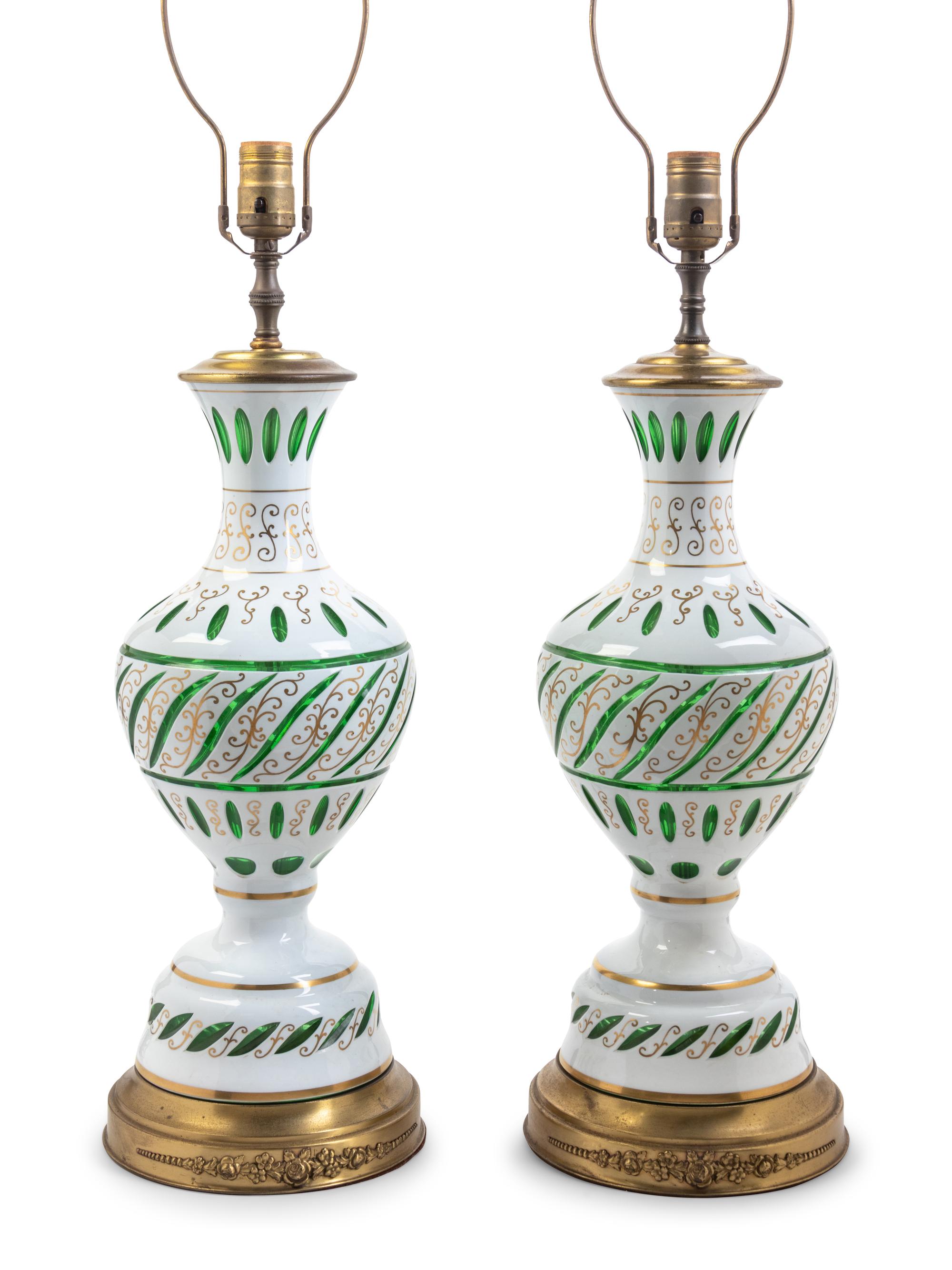 A Pair of Bohemian White Overlay Glass Vases