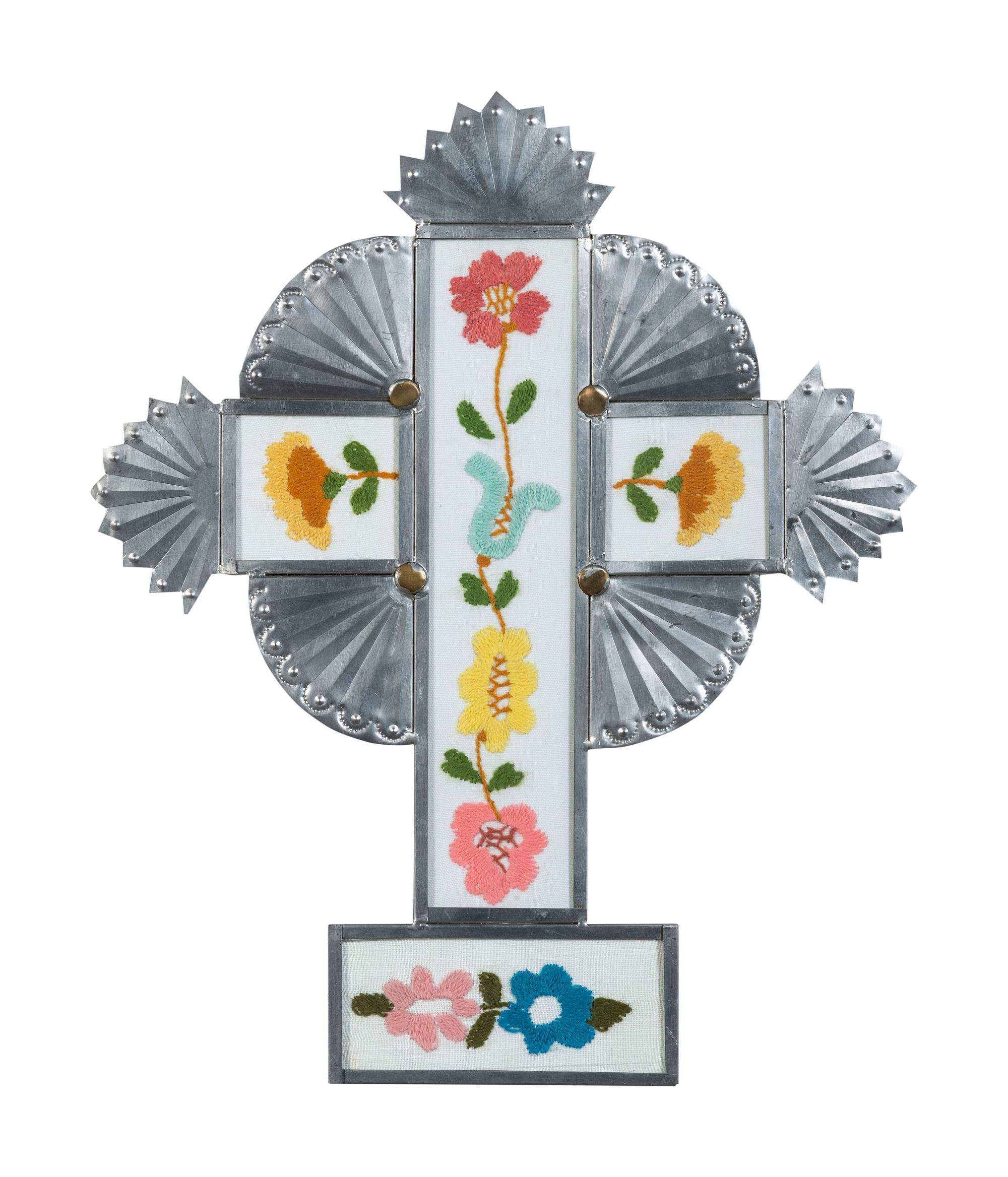 Tin Cross, with Inset Colcha Stitching