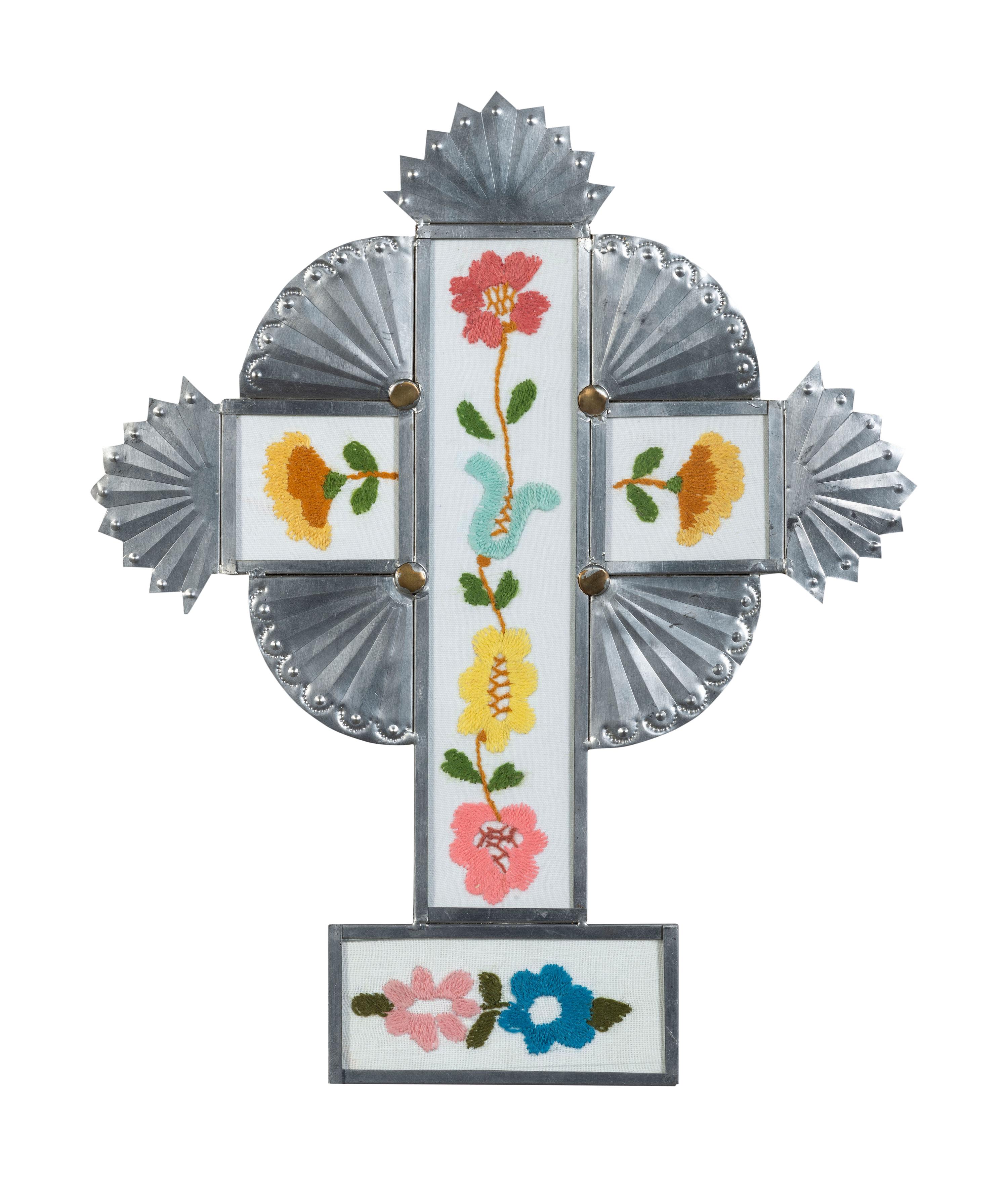 Tin Cross, with Inset Colcha Stitching