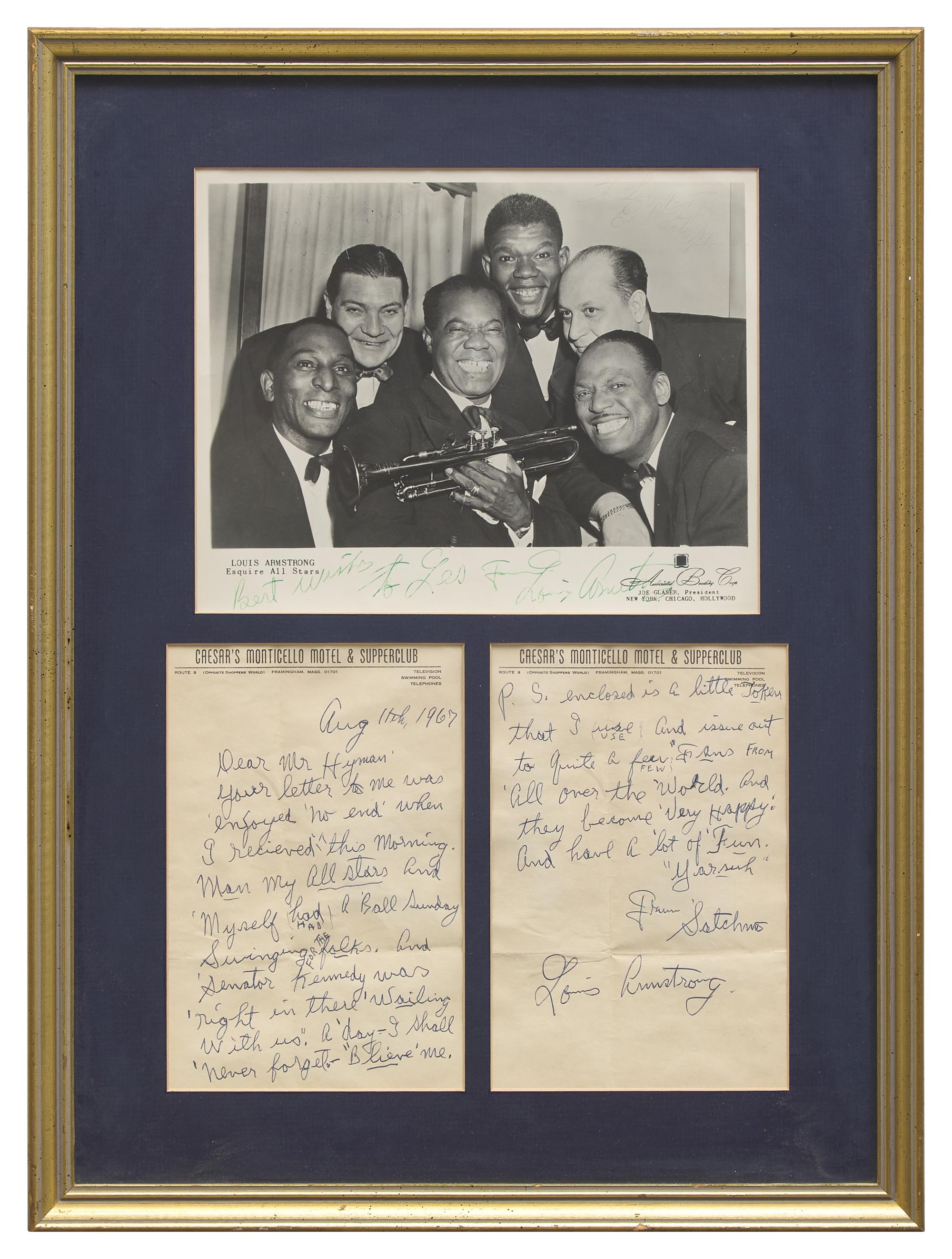 [African-Americana] Armstrong, Louis. Autograph Letter, signed, and Signed Photograph