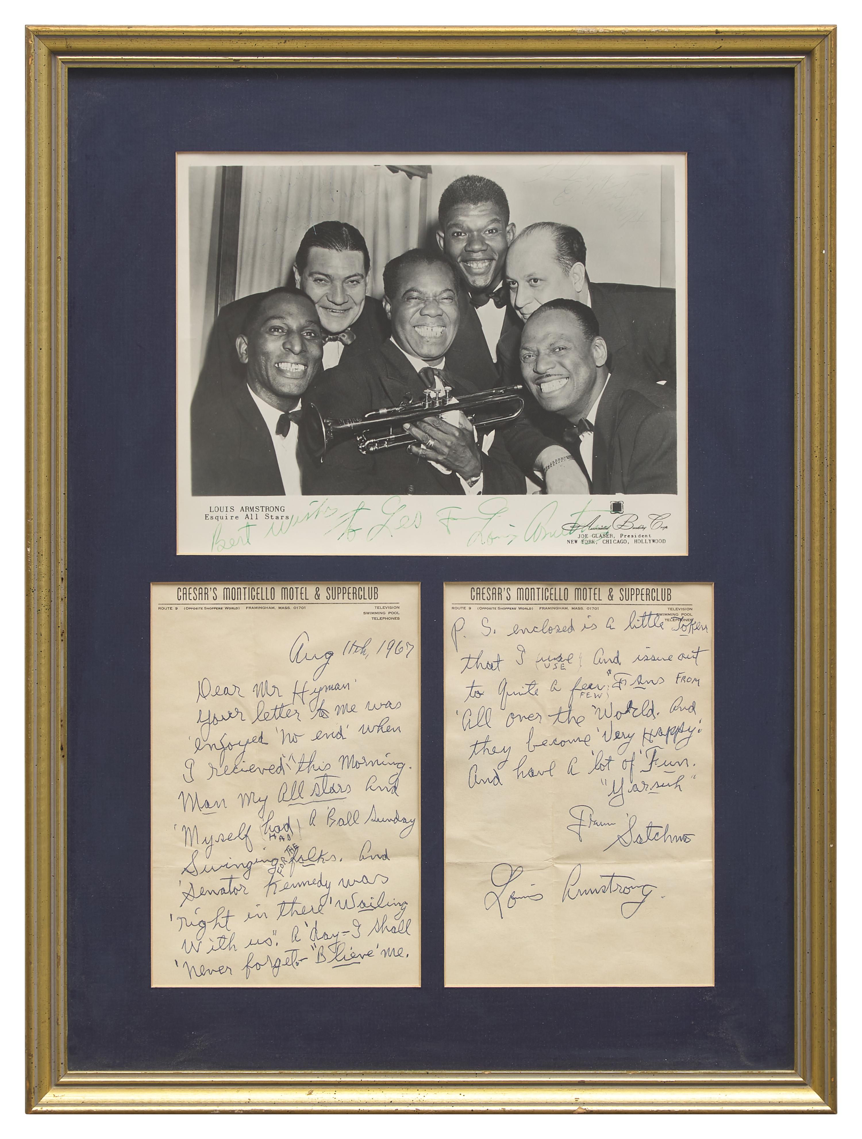 [African-Americana] Armstrong, Louis. Autograph Letter, signed, and Signed Photograph
