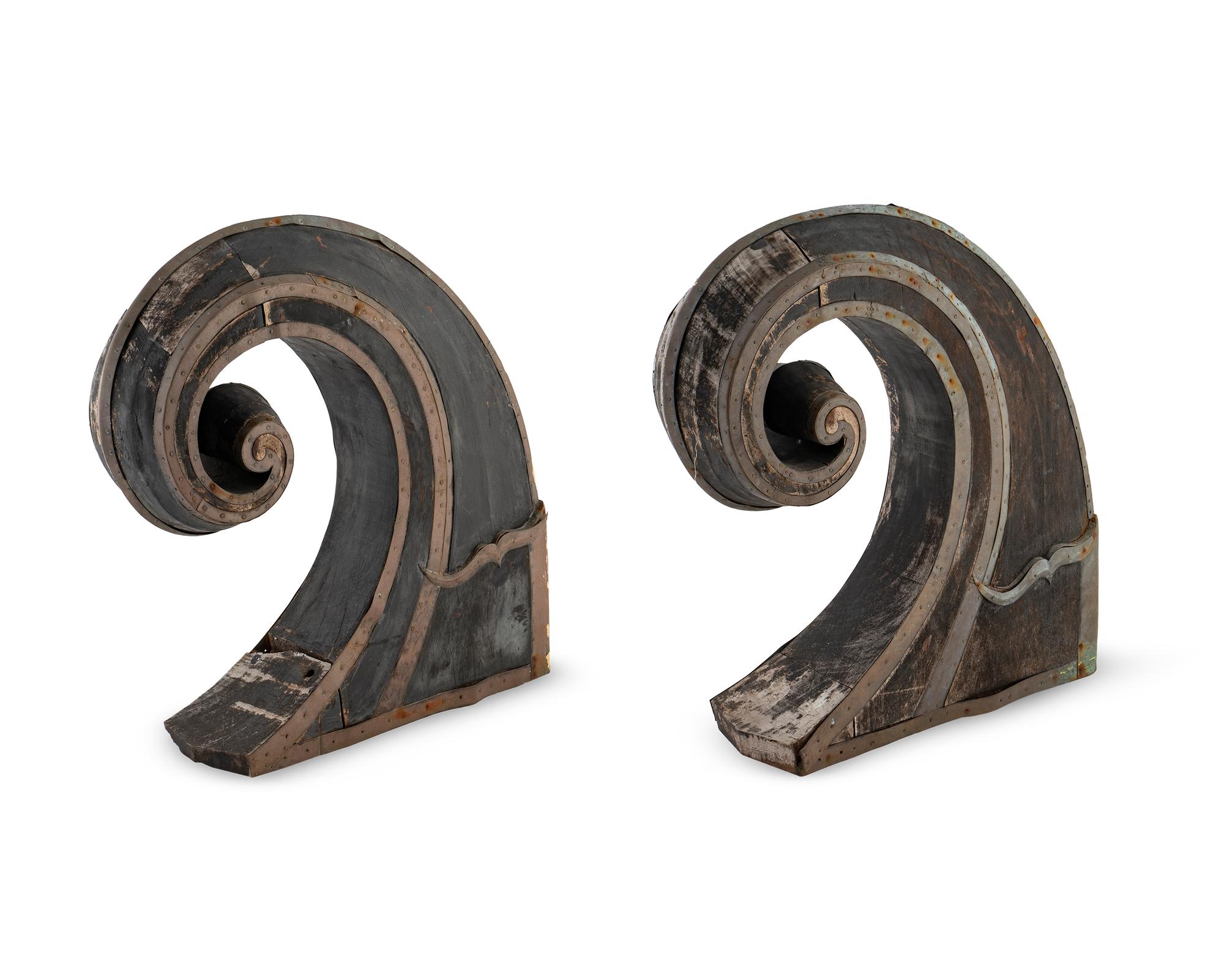 A Pair of Venetian Metal-Banded Wood Gondola Prows