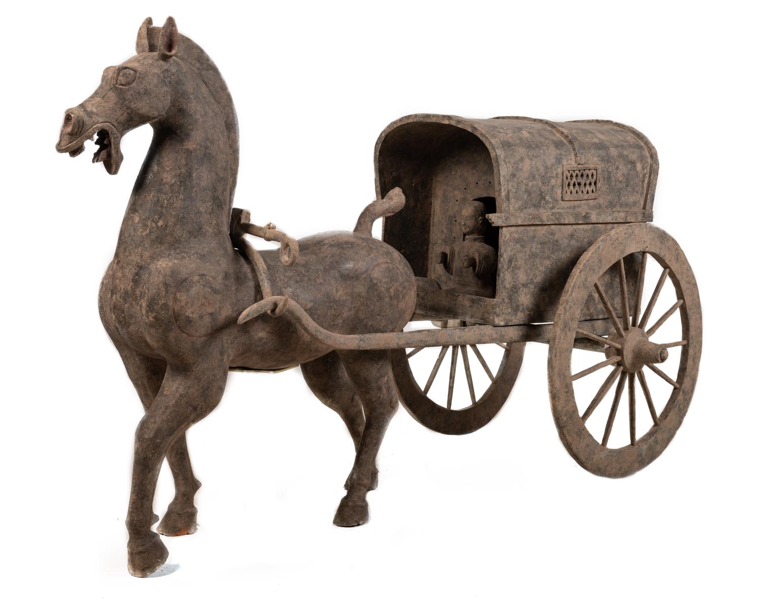 A Team of Chinese Monumental Terra Cotta Horses with a Two-Wheeled Chariot