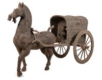 A Team of Chinese Monumental Terra Cotta Horses with a Two-Wheeled Chariot
