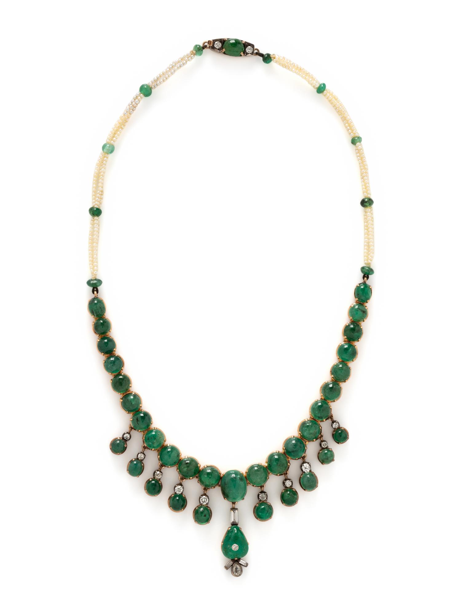EMERALD, DIAMOND AND SEED PEARL NECKLACE