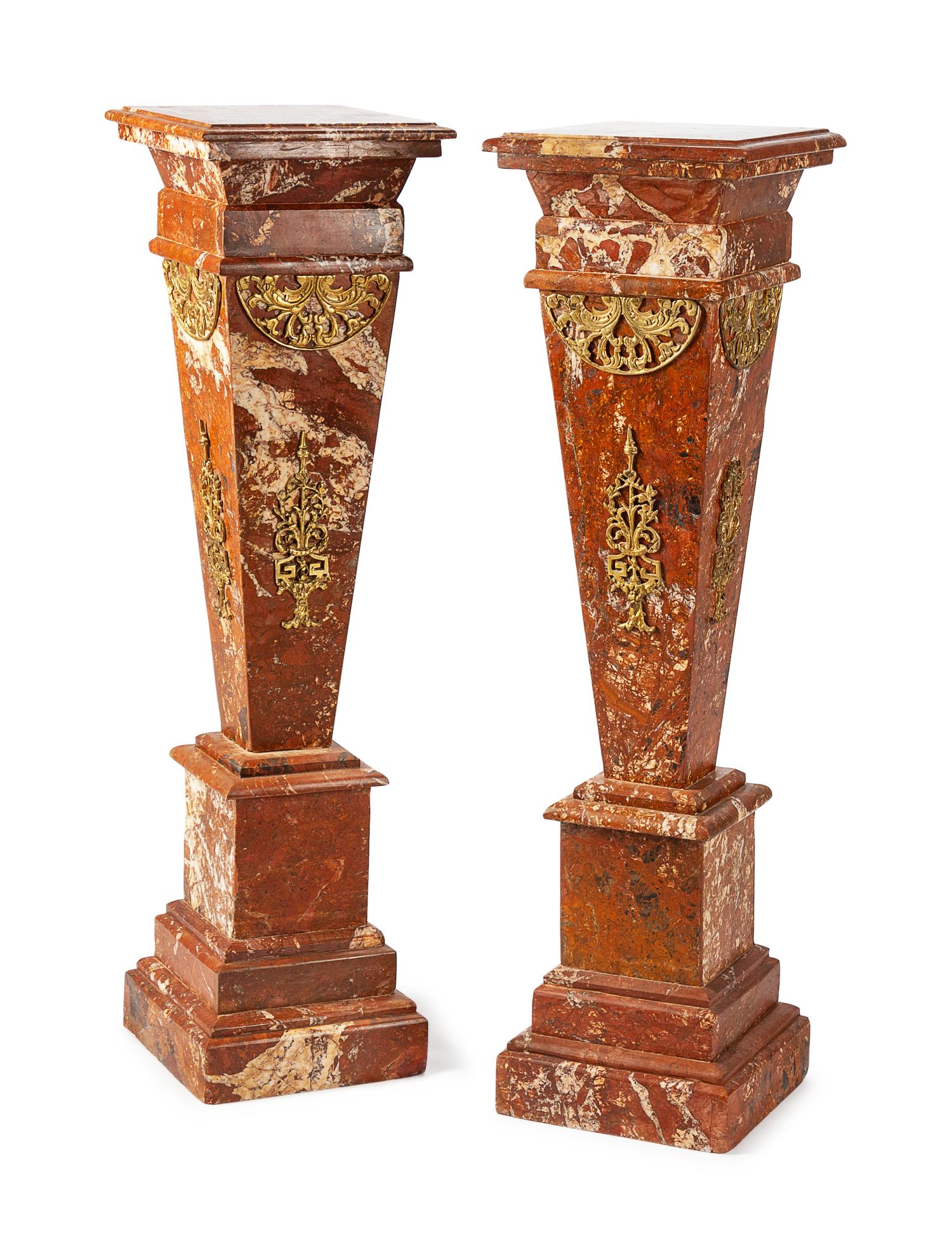 A Pair of Louis XVI Style Gilt Bronze Mounted Marble Pedestals