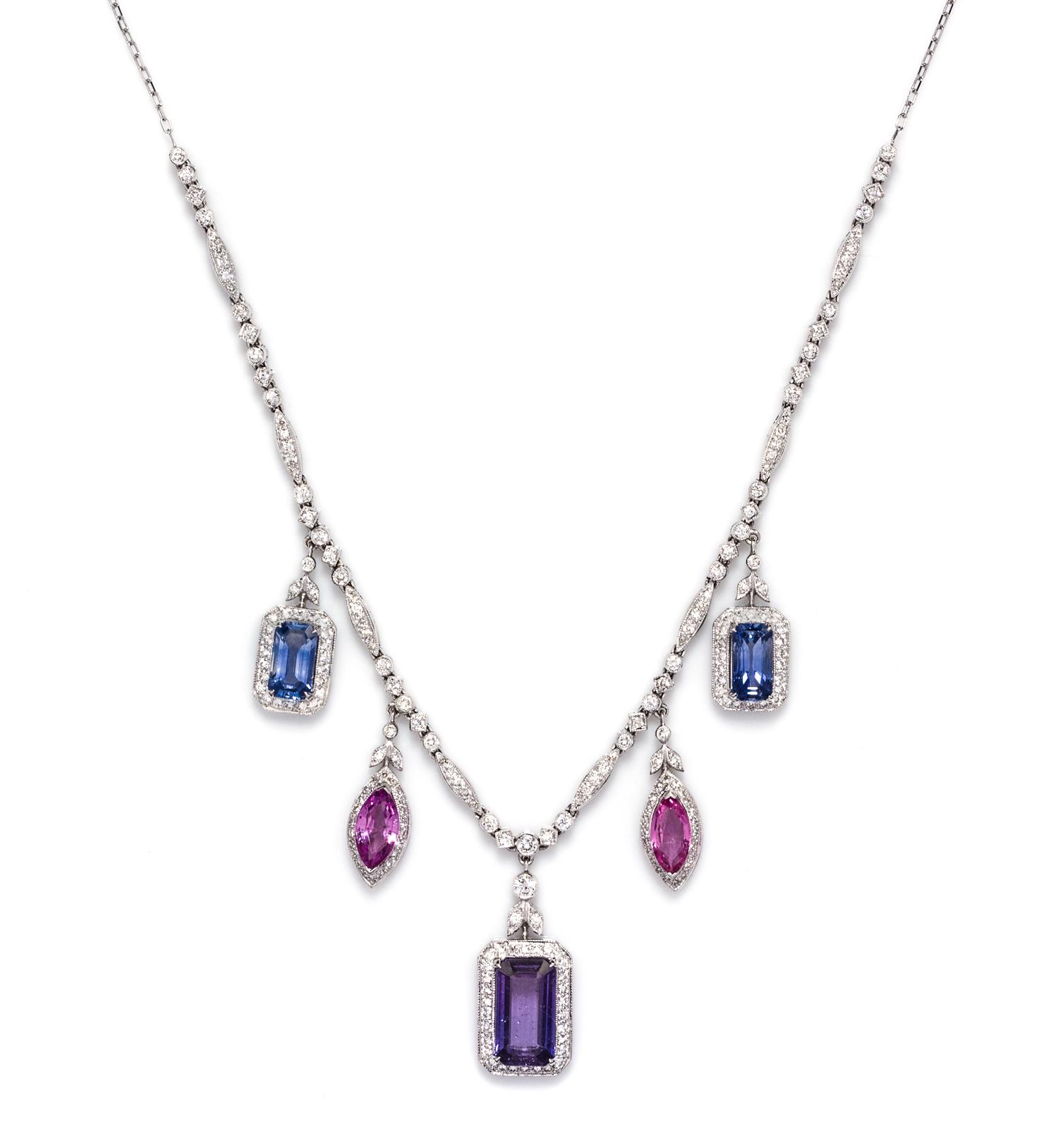 A White Gold, Multicolor Sapphire and Diamond Necklace, 10.40 dwts.