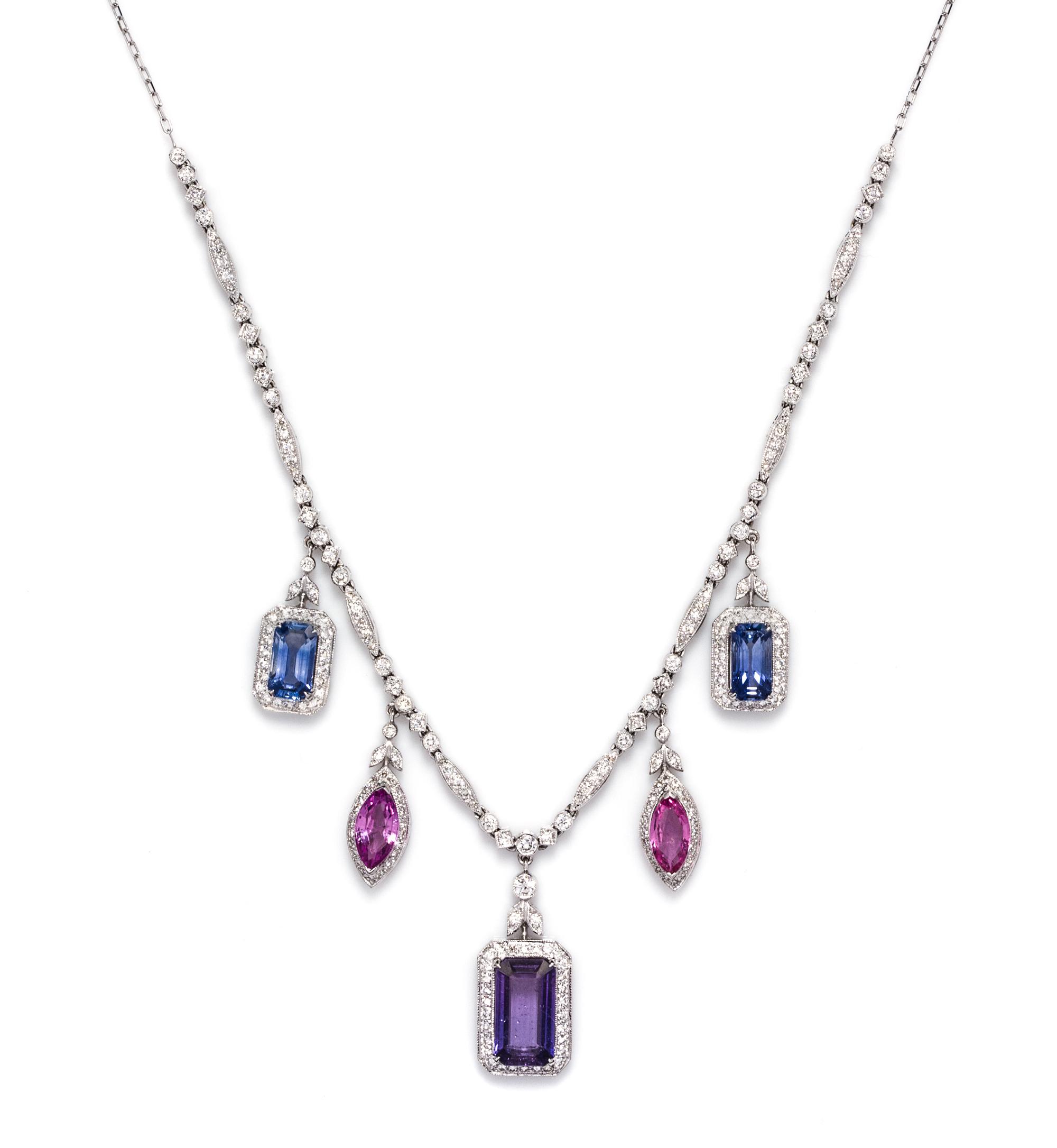 A White Gold, Multicolor Sapphire and Diamond Necklace, 10.40 dwts.