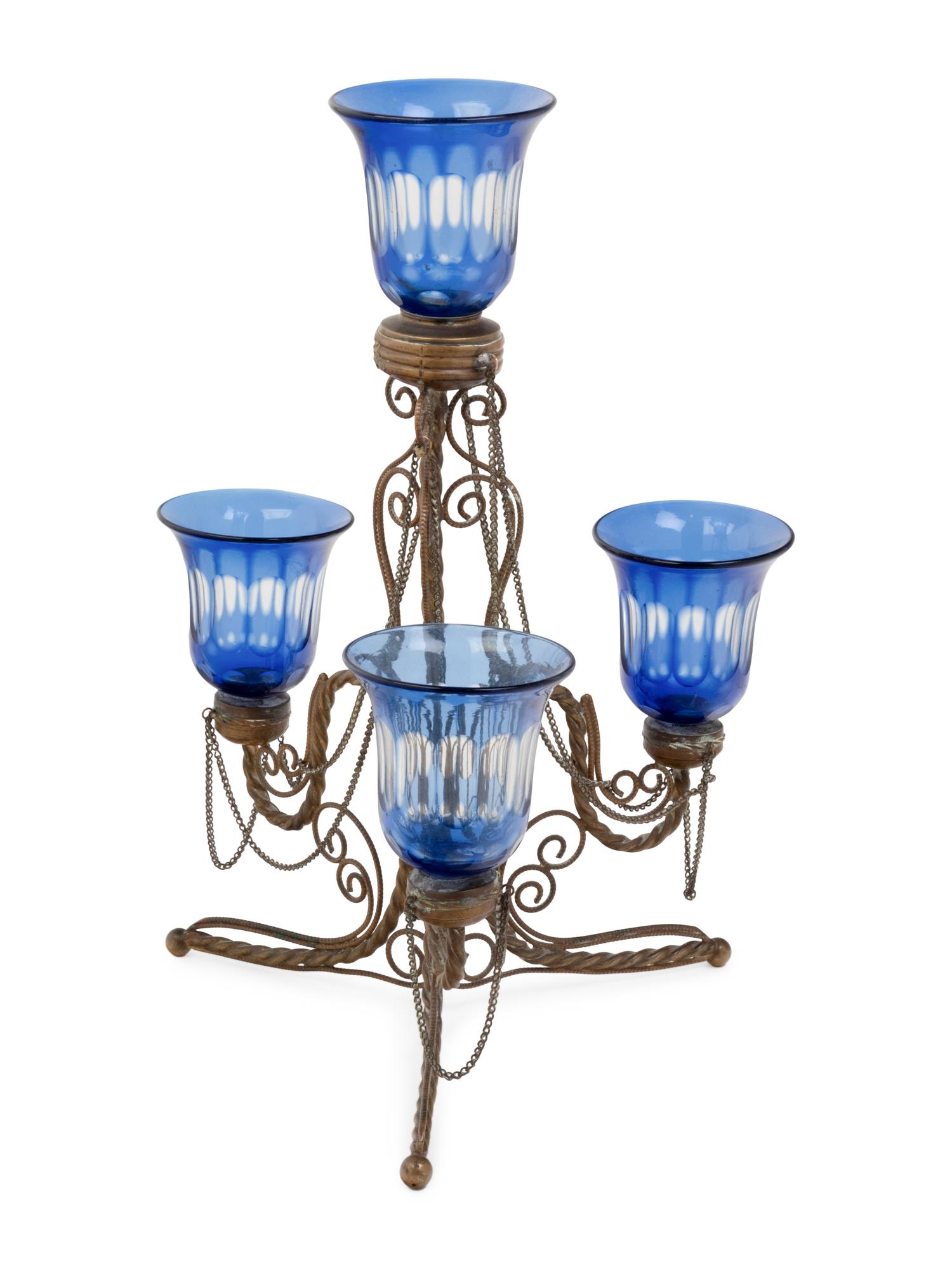 A Continental Brass and Blue Cut to Clear Tulipiere