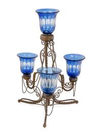 A Continental Brass and Blue Cut to Clear Tulipiere
