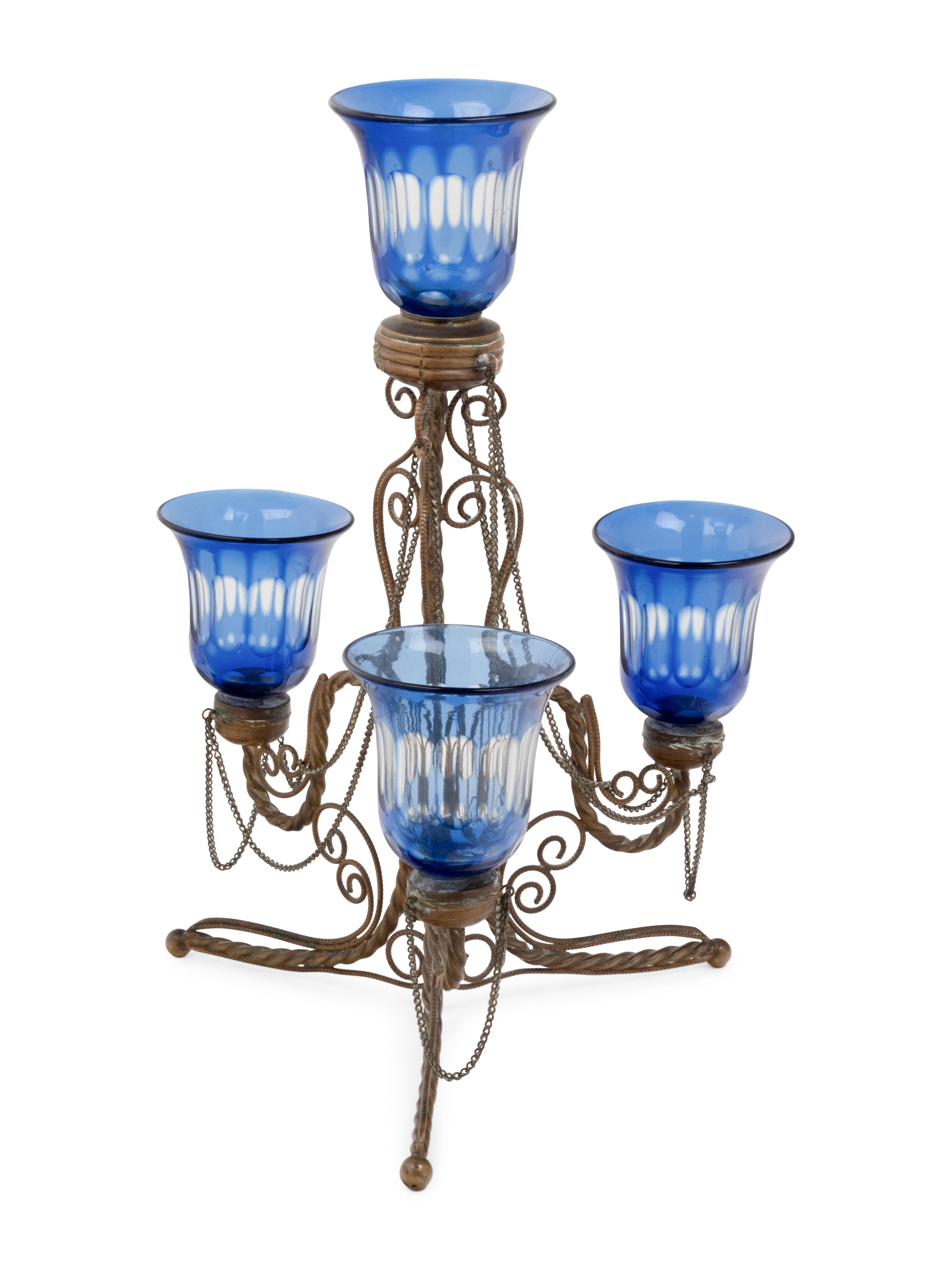 A Continental Brass and Blue Cut to Clear Tulipiere