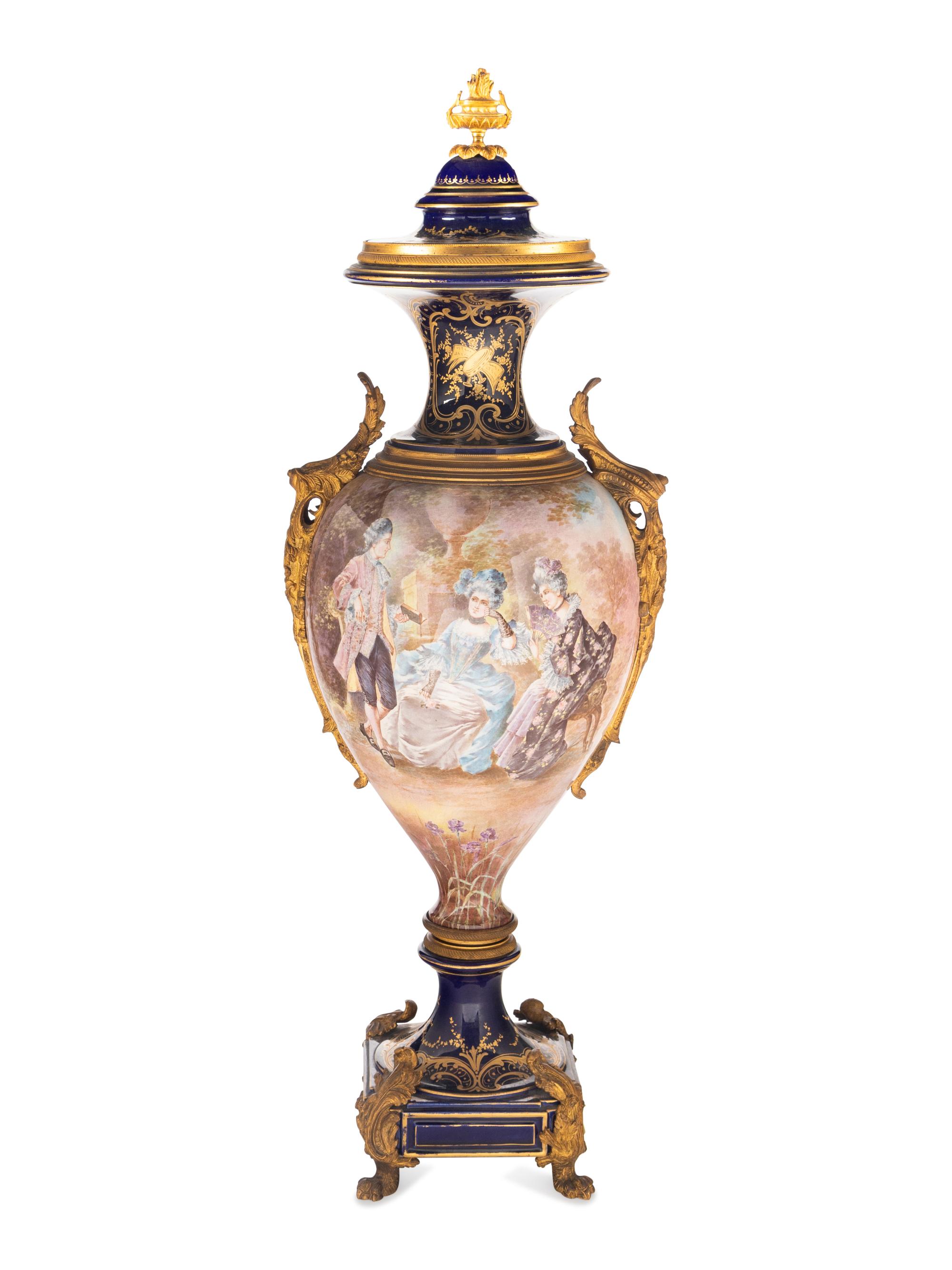 A Sèvres Style Gilt Metal Mounted Porcelain Urn