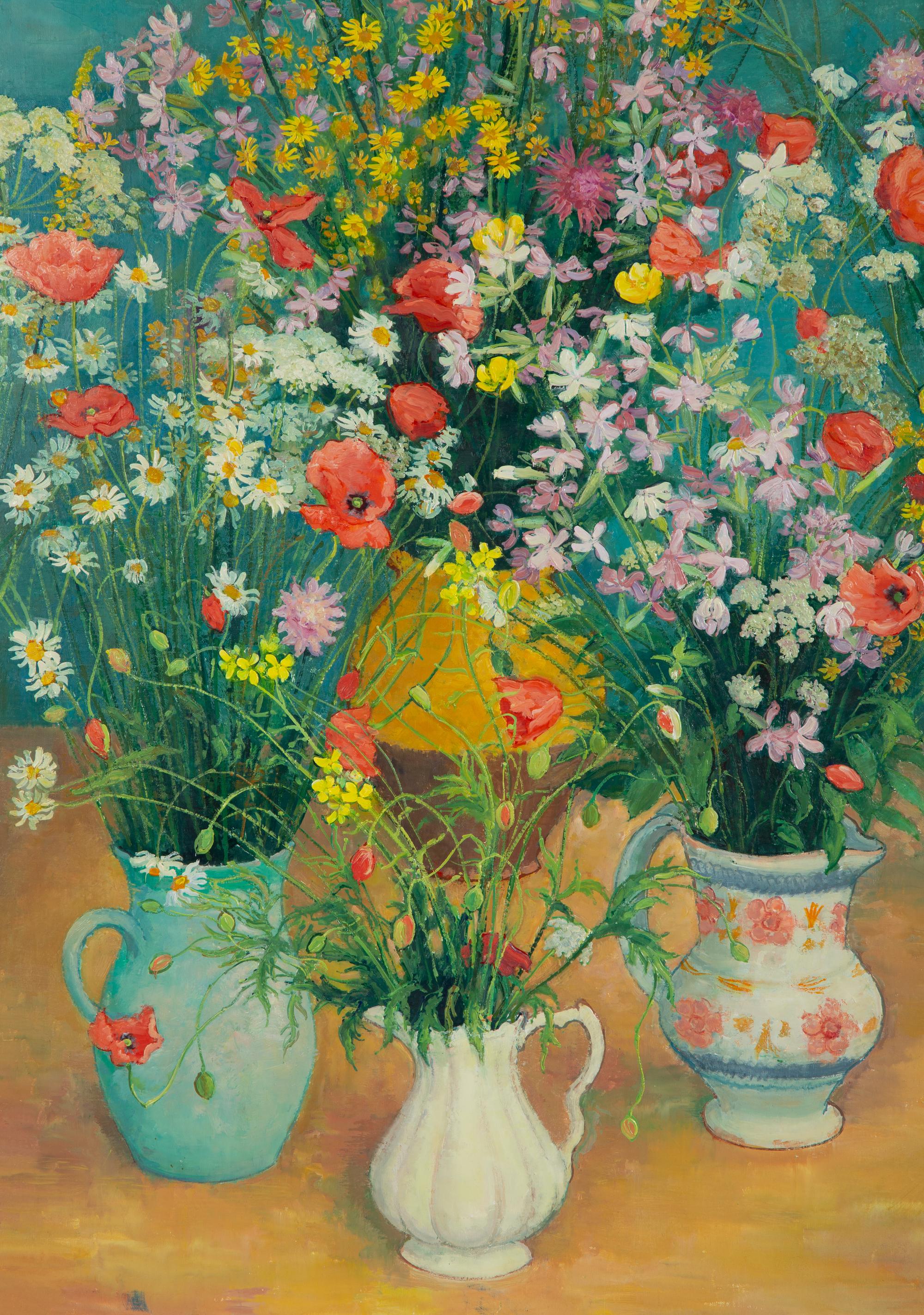 Bouquets Entremêlés sur Fond Bleu