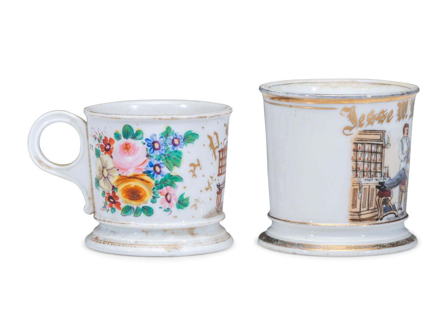 Two Barber's Porcelain Occupational Shaving Mugs