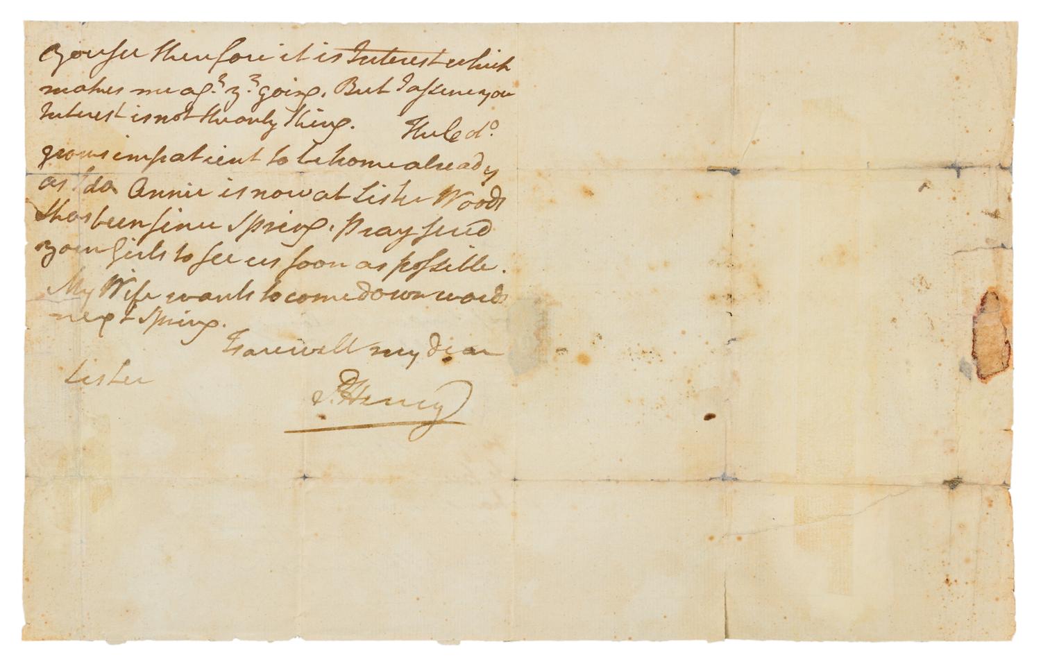 HENRY, Patrick. Autographed letter signed ("P. Henry"), to his sister Anne Christian Dunkard Botton, Richmond, 13 November 1782.