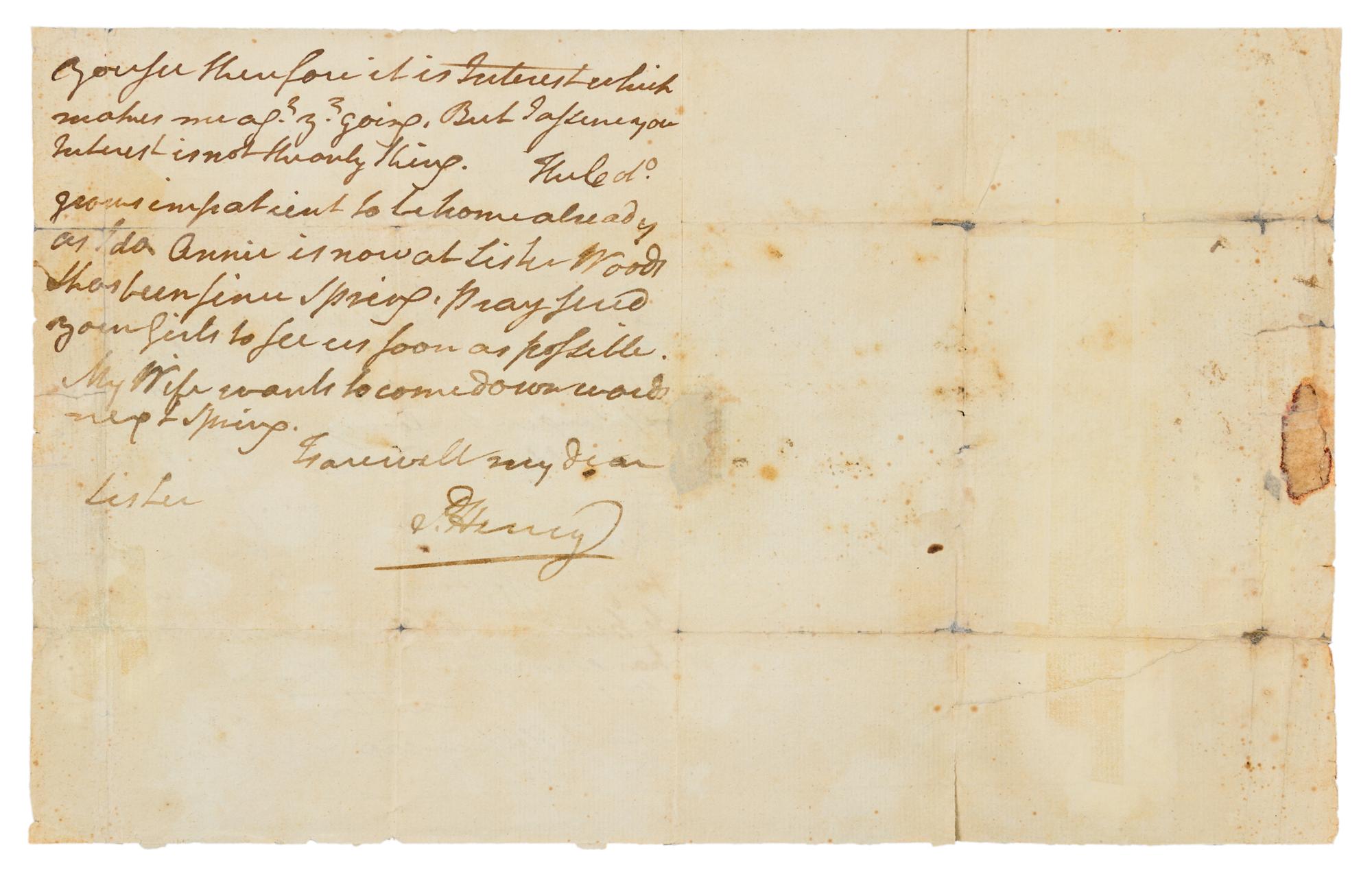 HENRY, Patrick. Autographed letter signed ("P. Henry"), to his sister Anne Christian Dunkard Botton, Richmond, 13 November 1782.