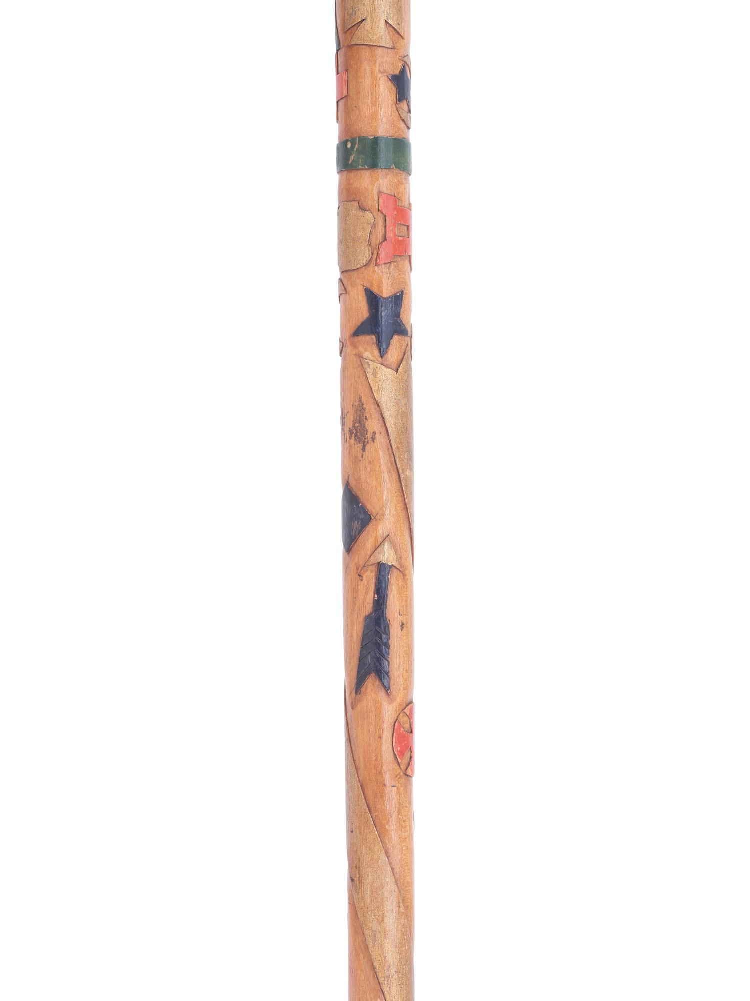 [CIVIL WAR]. Folk-art carved polychrome walking stick with patriotic motifs, incl. Army Corps badges.