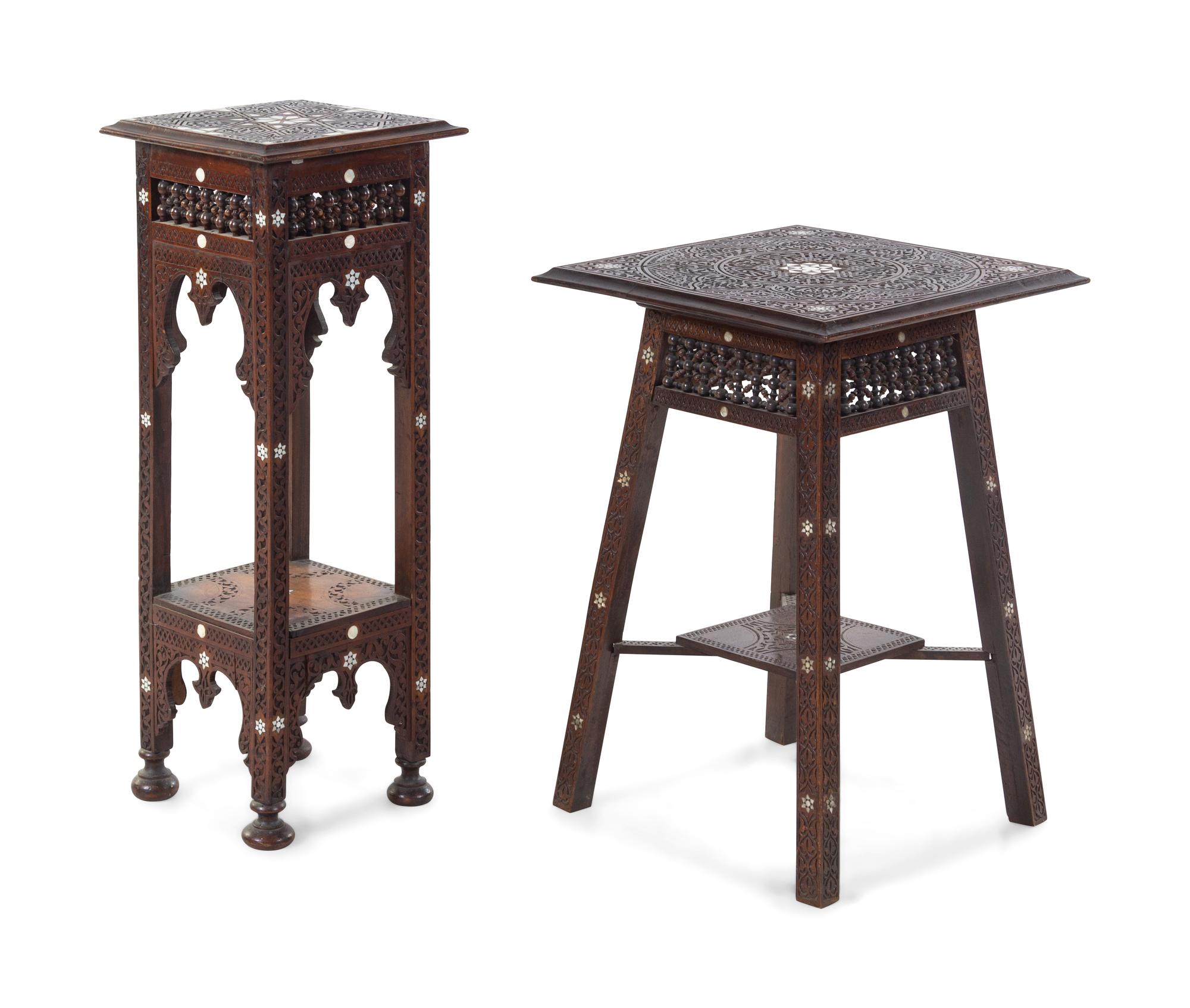 Two Syrian Mother-of-Pearl Inlaid Pedestal Tables