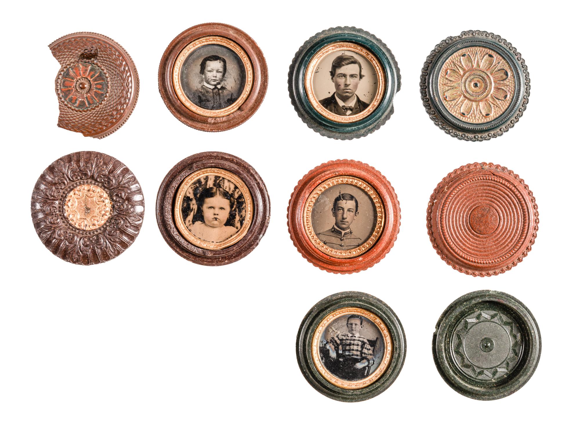 [EARLY PHOTOGRAPHY - UNION CASES]. A group of 10 assorted "oreo" cases containing portraits of children and young adults, including: