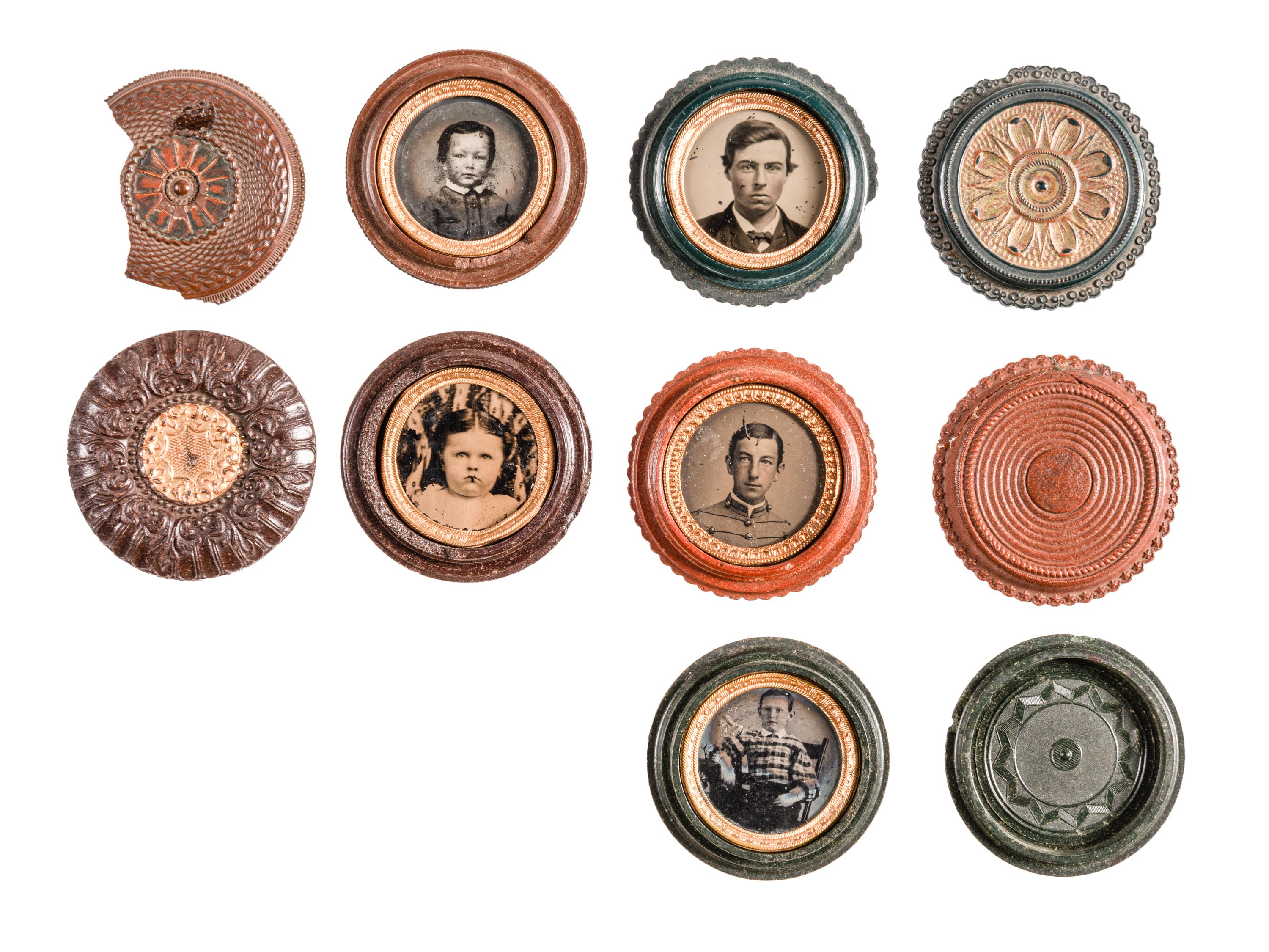 [EARLY PHOTOGRAPHY - UNION CASES]. A group of 10 assorted "oreo" cases containing portraits of children and young adults, including:
