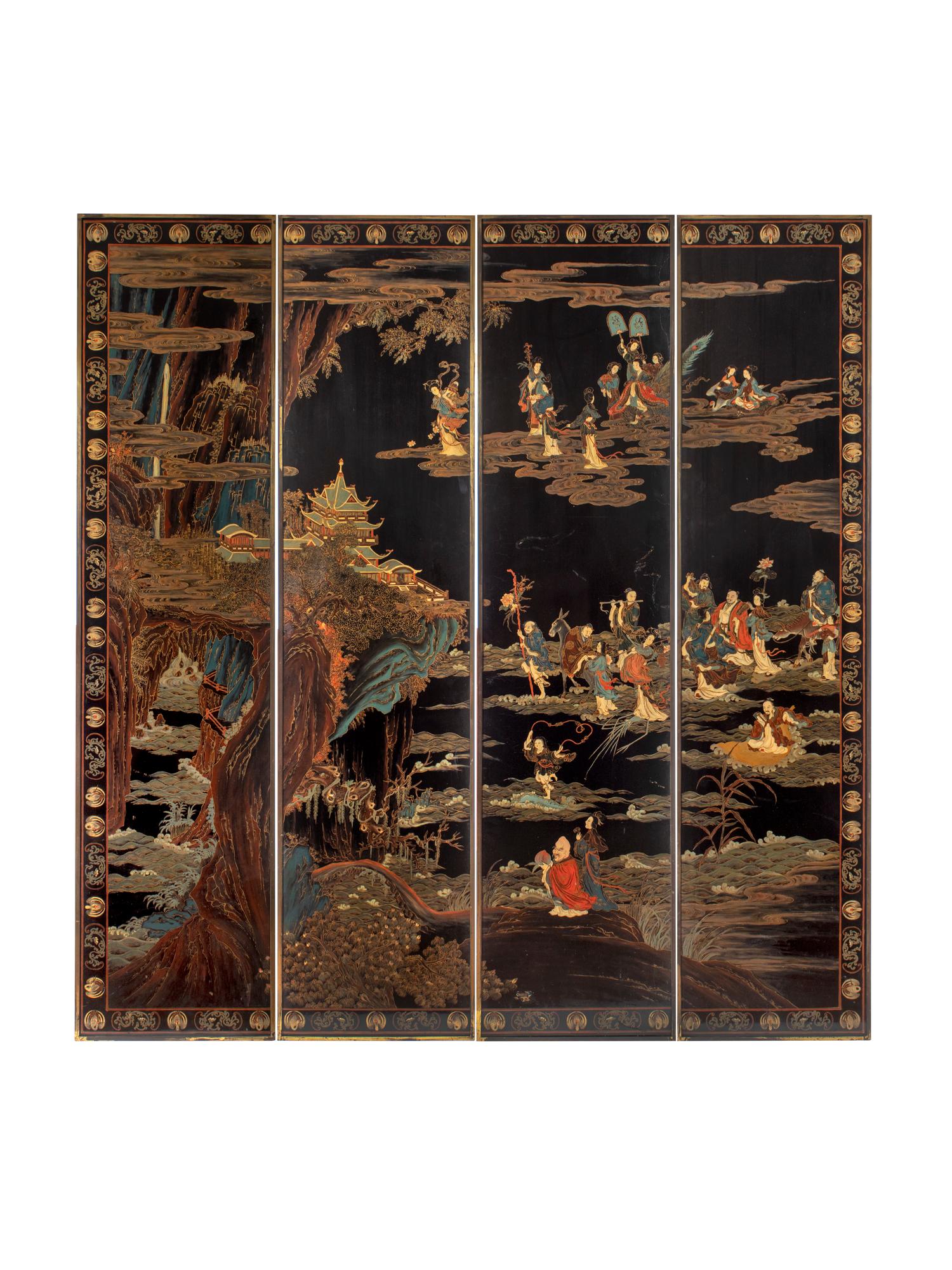 A Chinese Black Lacquer Four-Panel Wall Screen — LATE 19TH/EARLY 20TH CENTURY