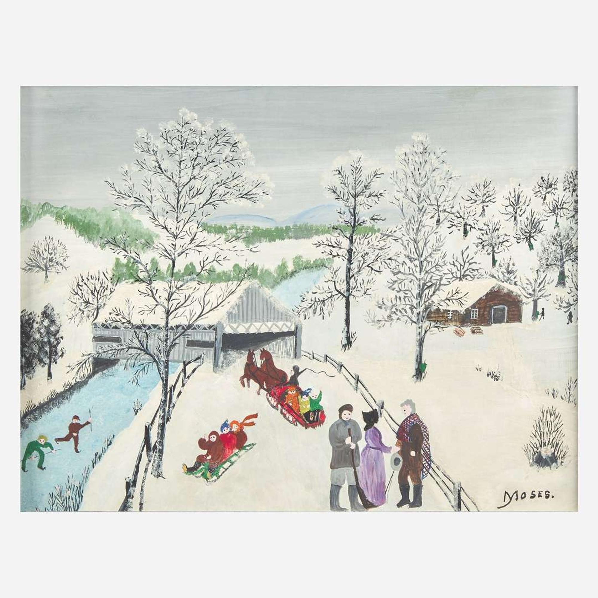 Grandma Moses (American, 1860-1961) A Winter Day (The Old Bridge, Richmond, Vermont)