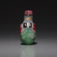A Small Chinese Multicolor Overlay Glass Snuff Bottle, Circa 1750-1820 1750-1820年 雪霏地套料荷花圖鼻烟壺