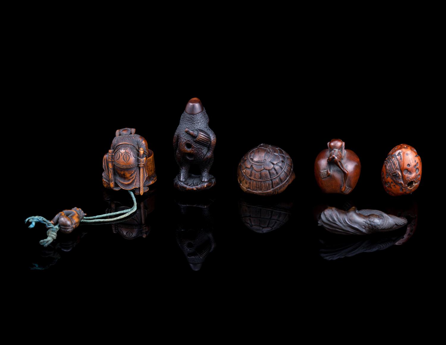 Six Japanese Carved Wood Netsuke