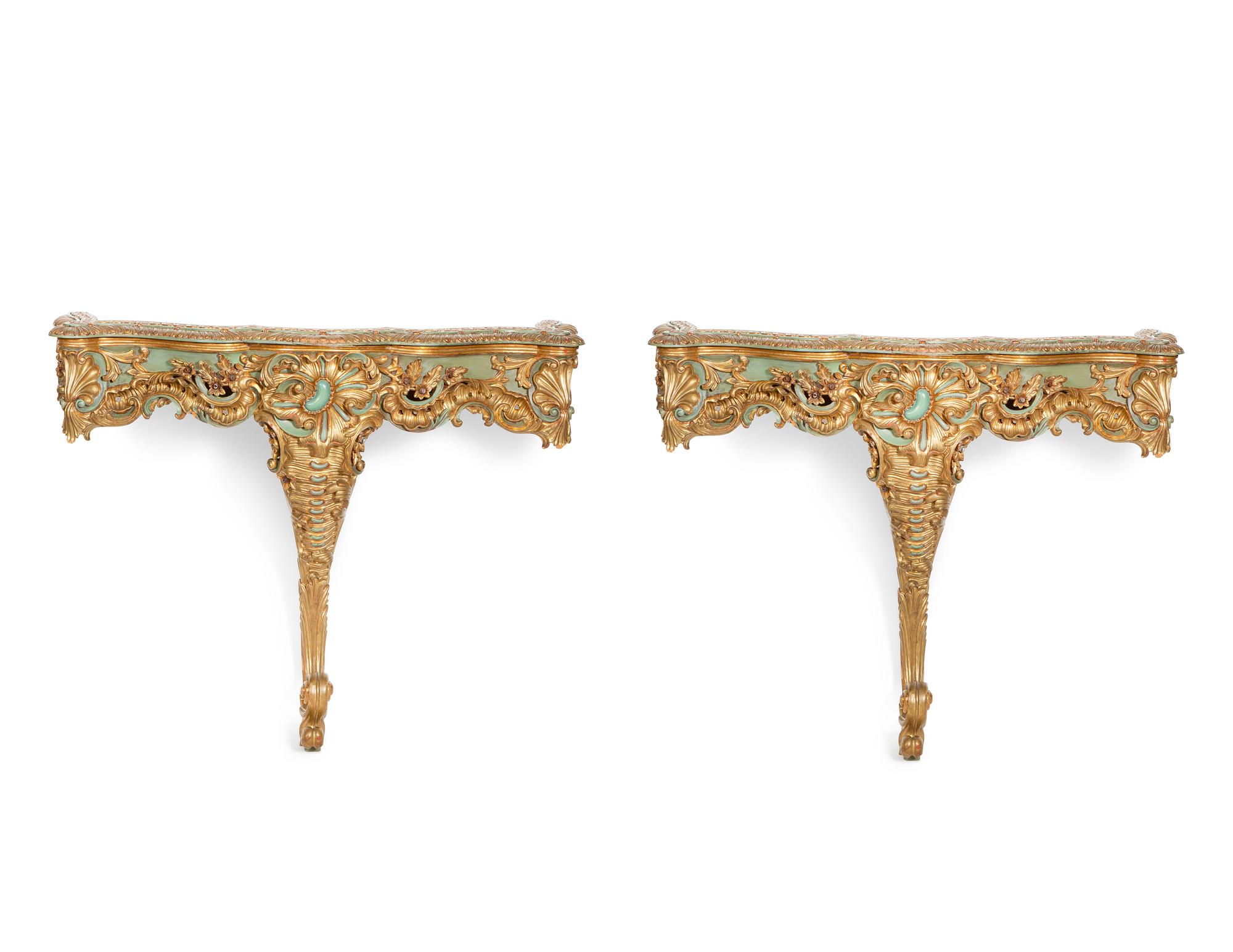 A Pair of Italian Painted and Parcel Gilt Console Tables