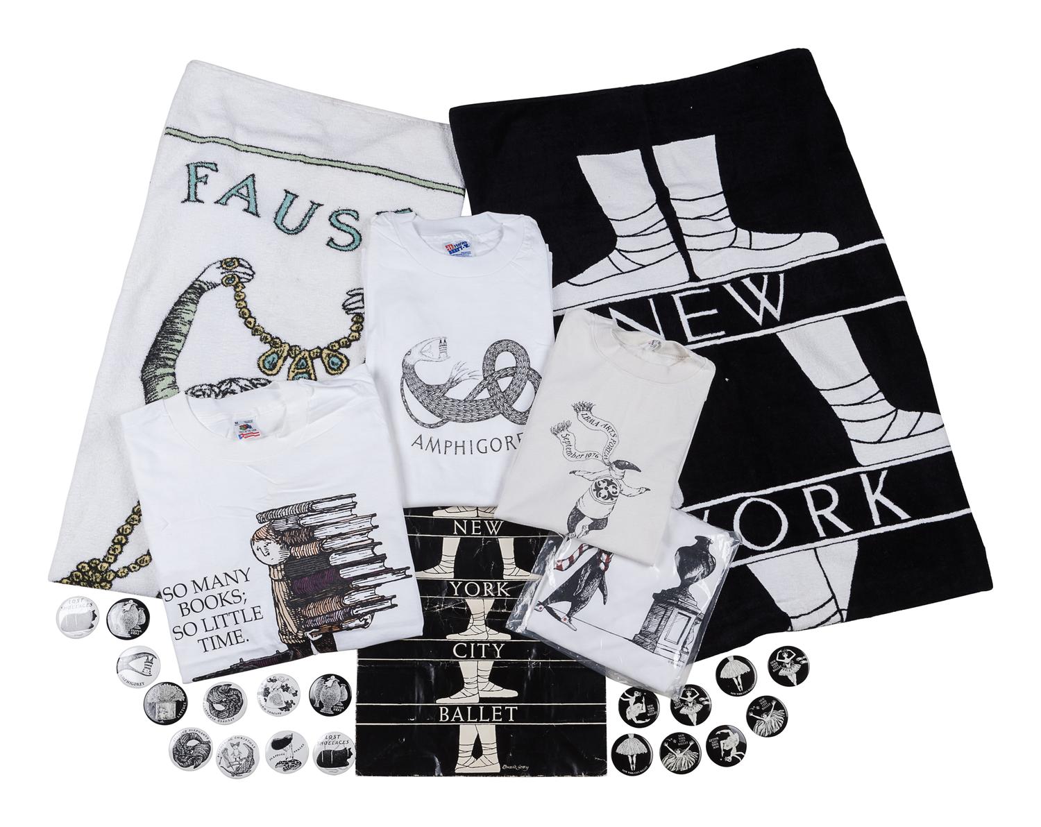 GOREY, Edward. A group of buttons, clothing, towels and a tote bag.
