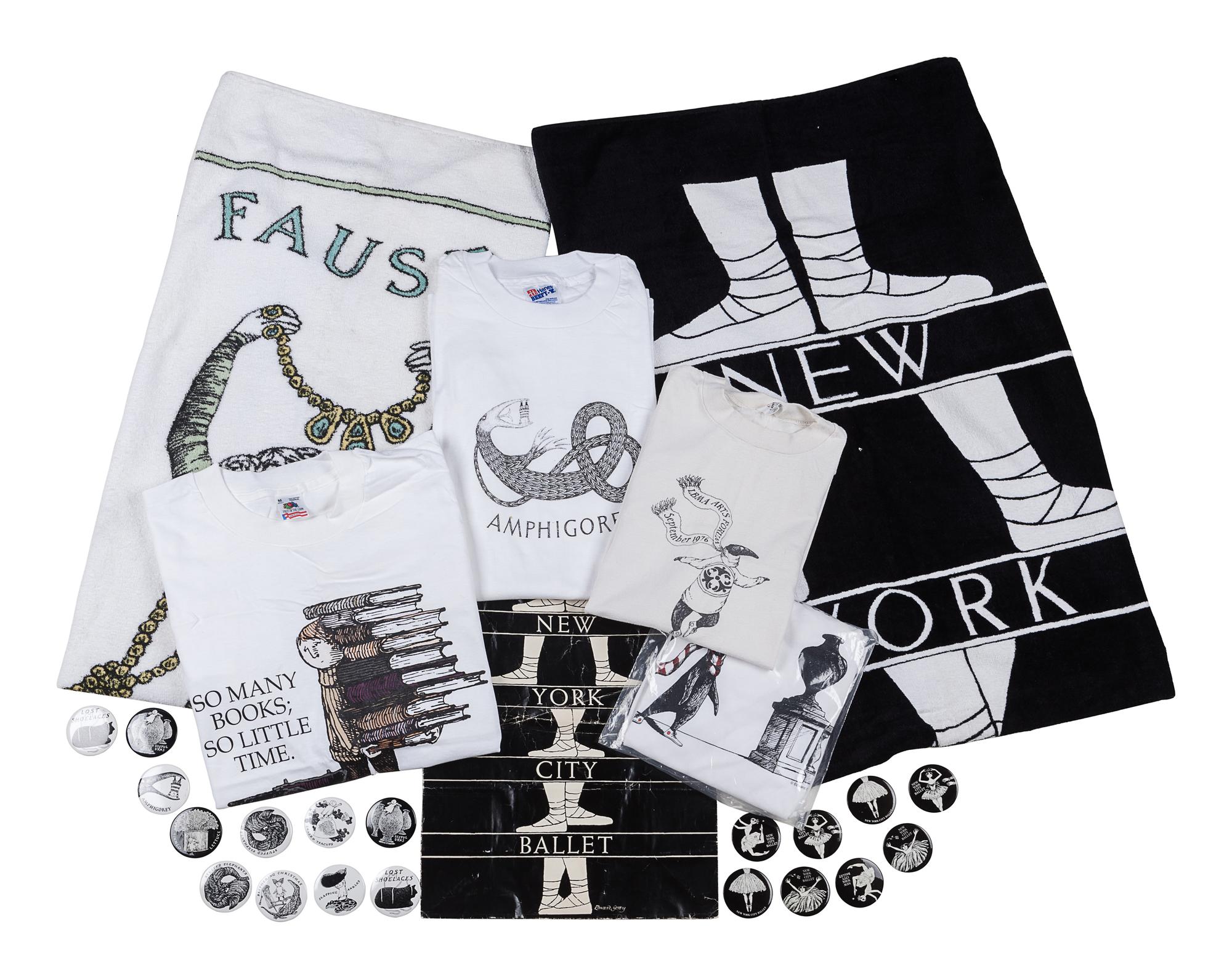 GOREY, Edward. A group of buttons, clothing, towels and a tote bag.
