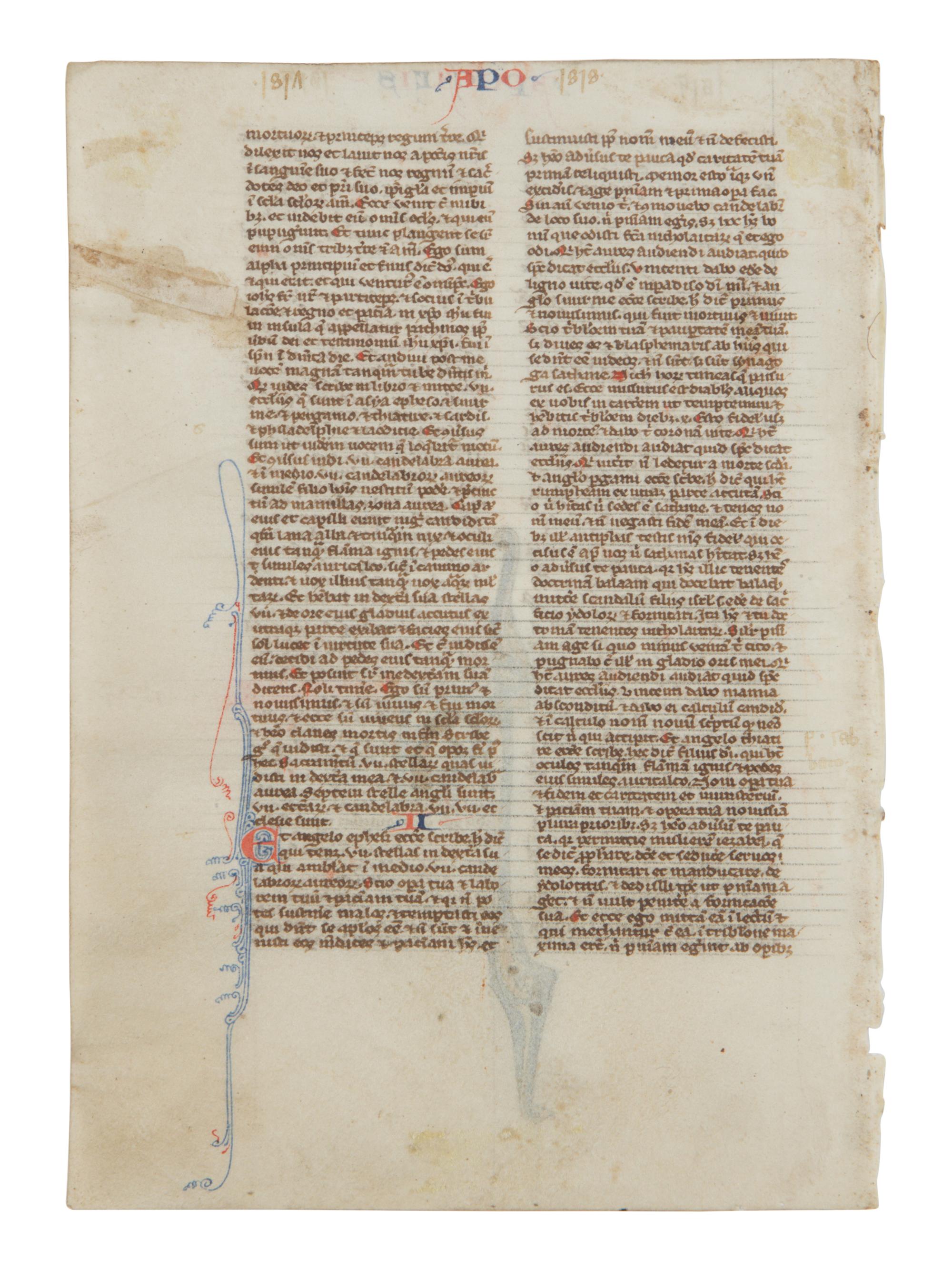 CIRCLE OF WILLIAM DE BRAILES (active Oxford, c. 1230-1260) Leaf from a Bible with a historiated initial ‘A’ depicting Saint John writing the Book of Revelation, in Latin, illuminated manuscript on parchment [England, Oxford, c. 1250–1270]