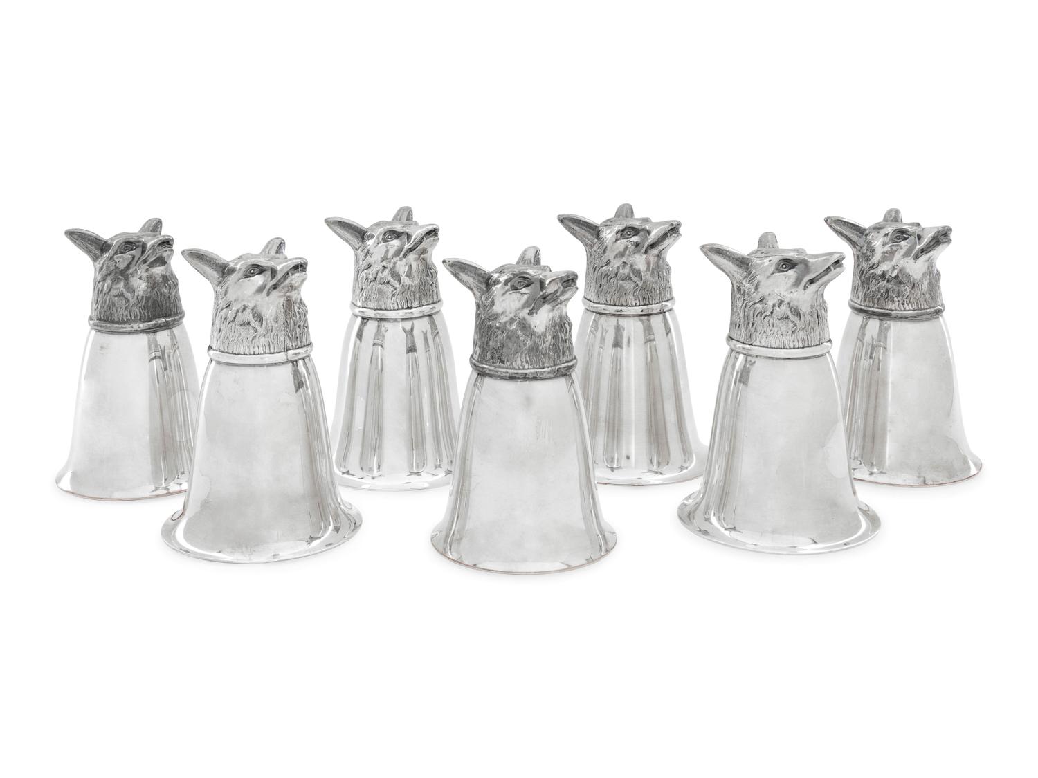 A Set of Seven Silver-Plate Stirrup Cups