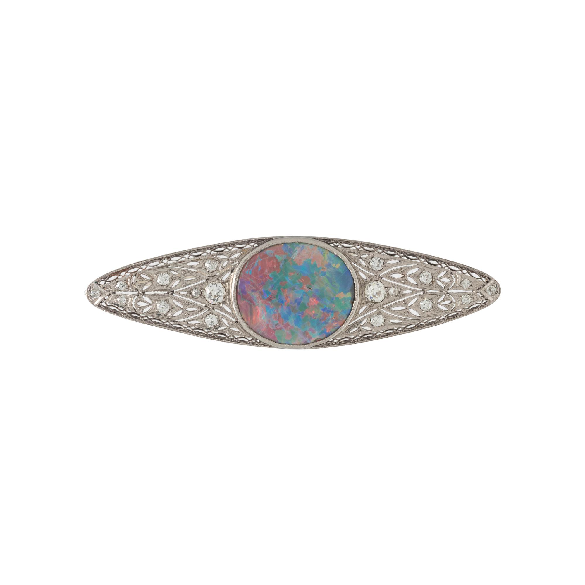 ART DECO, BLACK OPAL AND DIAMOND BROOCH