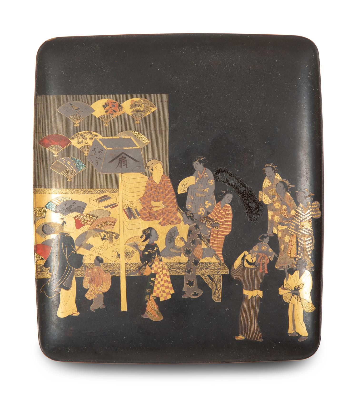 A Japanese Black and Gilt Lacquer Box with Polychromed Figural Scene