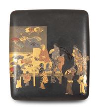 A Japanese Black and Gilt Lacquer Box with Polychromed Figural Scene