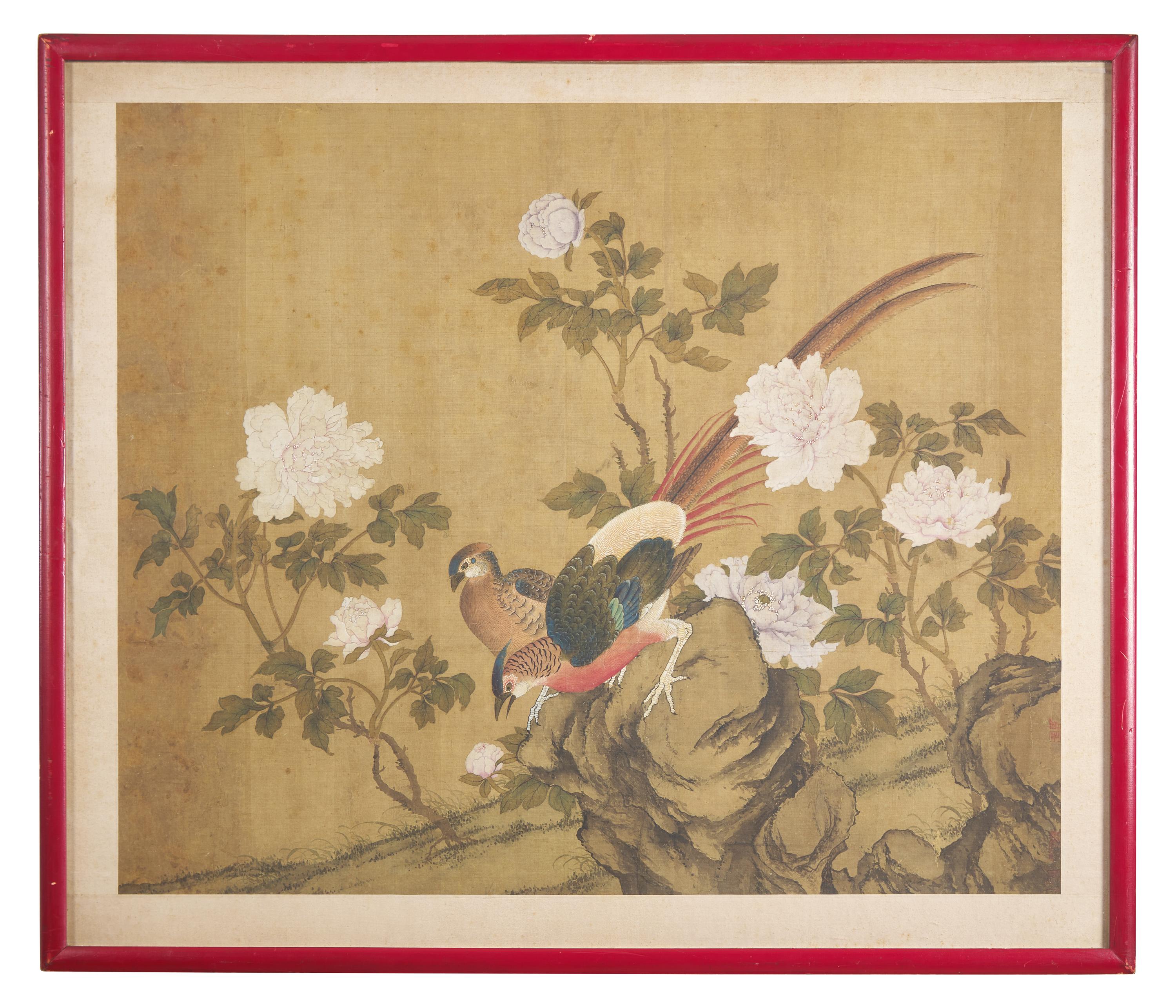 Chinese School, 20th Century 近代 絹本設色錦鷄牡丹圖鏡框