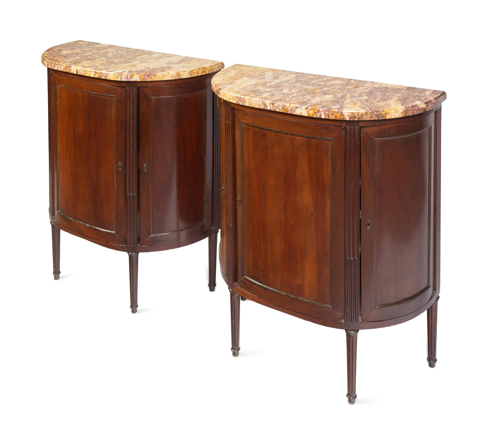 A Pair of Louis XVI Style Mahogany Marble-Top Cabinets
