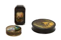 Three Continental Snuff Boxes, Diameter of first 3 3/4 inches.
