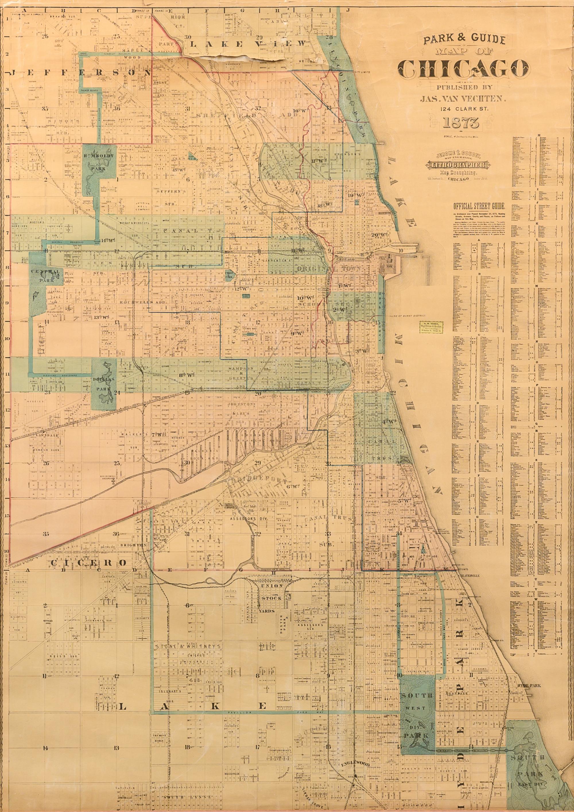 [CHICAGO] -- Park & Guide Map of Chicago . Chicago: Jas. Van Vechten, 1873.