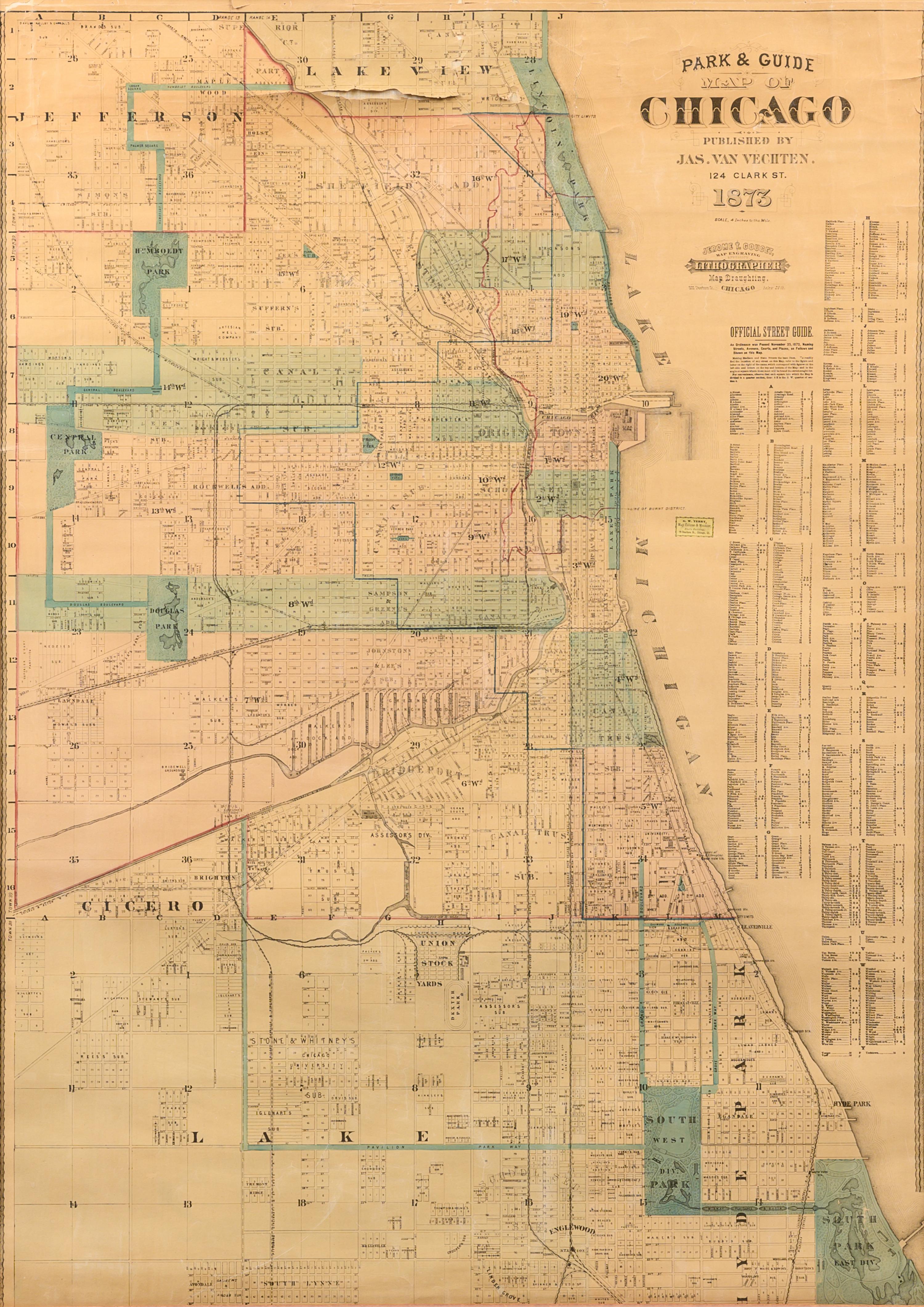 [CHICAGO] -- Park & Guide Map of Chicago . Chicago: Jas. Van Vechten, 1873.