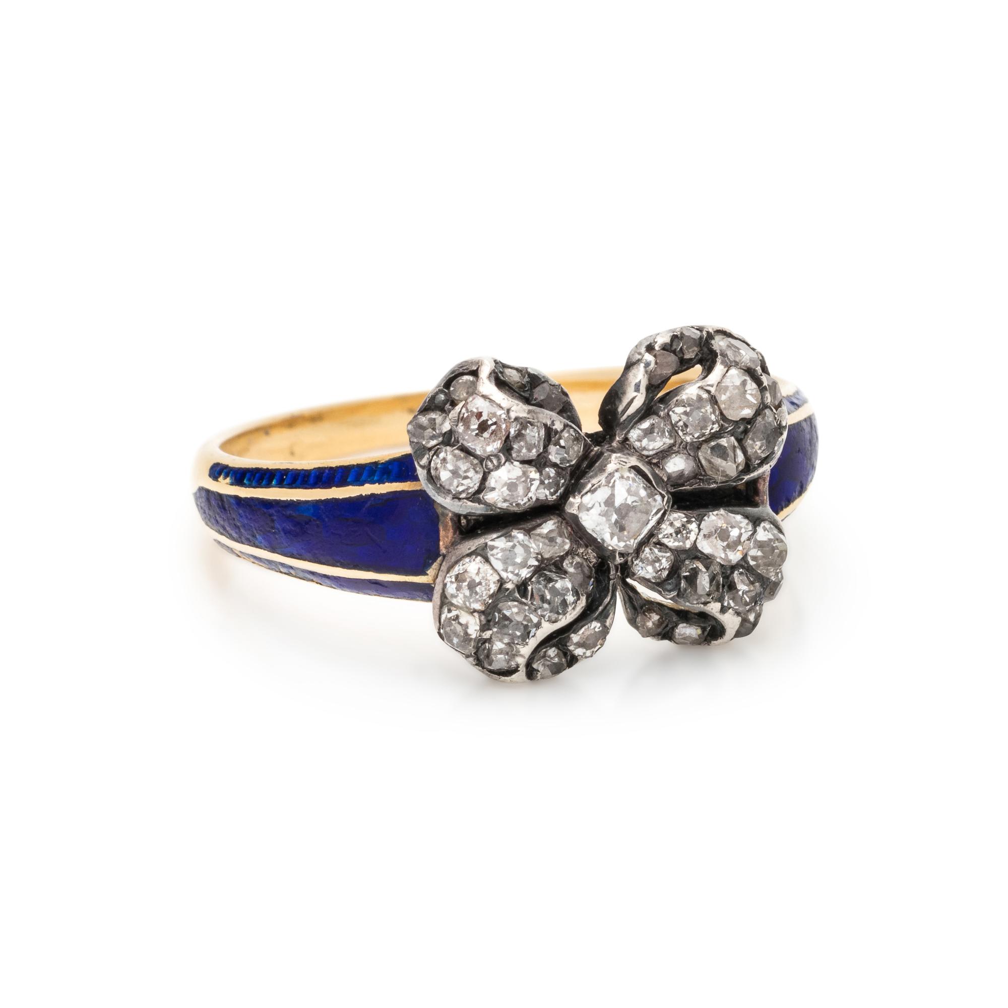 GEORGIAN, DIAMOND AND ENAMEL BOW RING