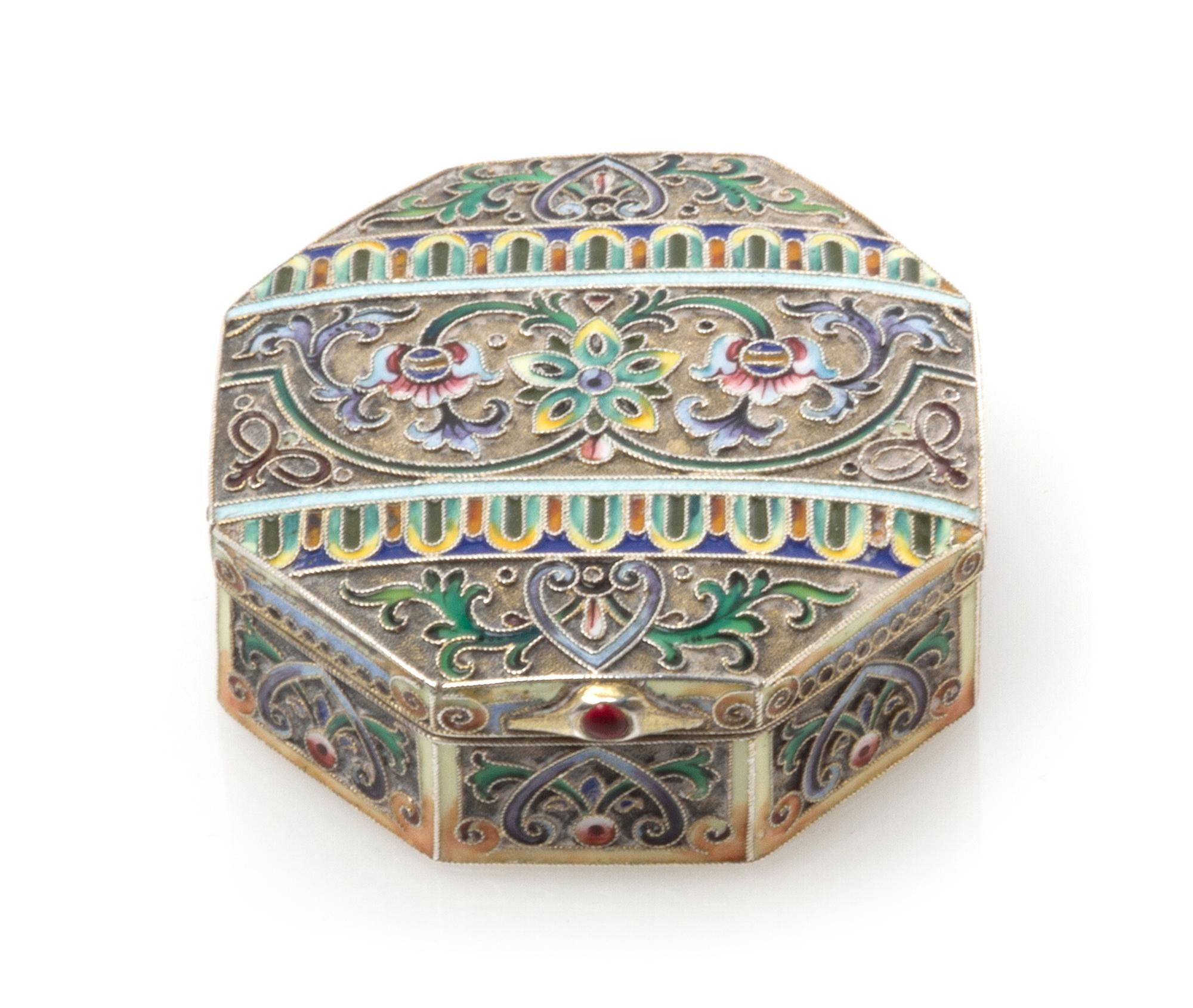 A Russian Silver and Enamel Snuff Box, Mark of 11th Artel, Moscow, early 20th century, of octagonal form, the case with polychrome flor