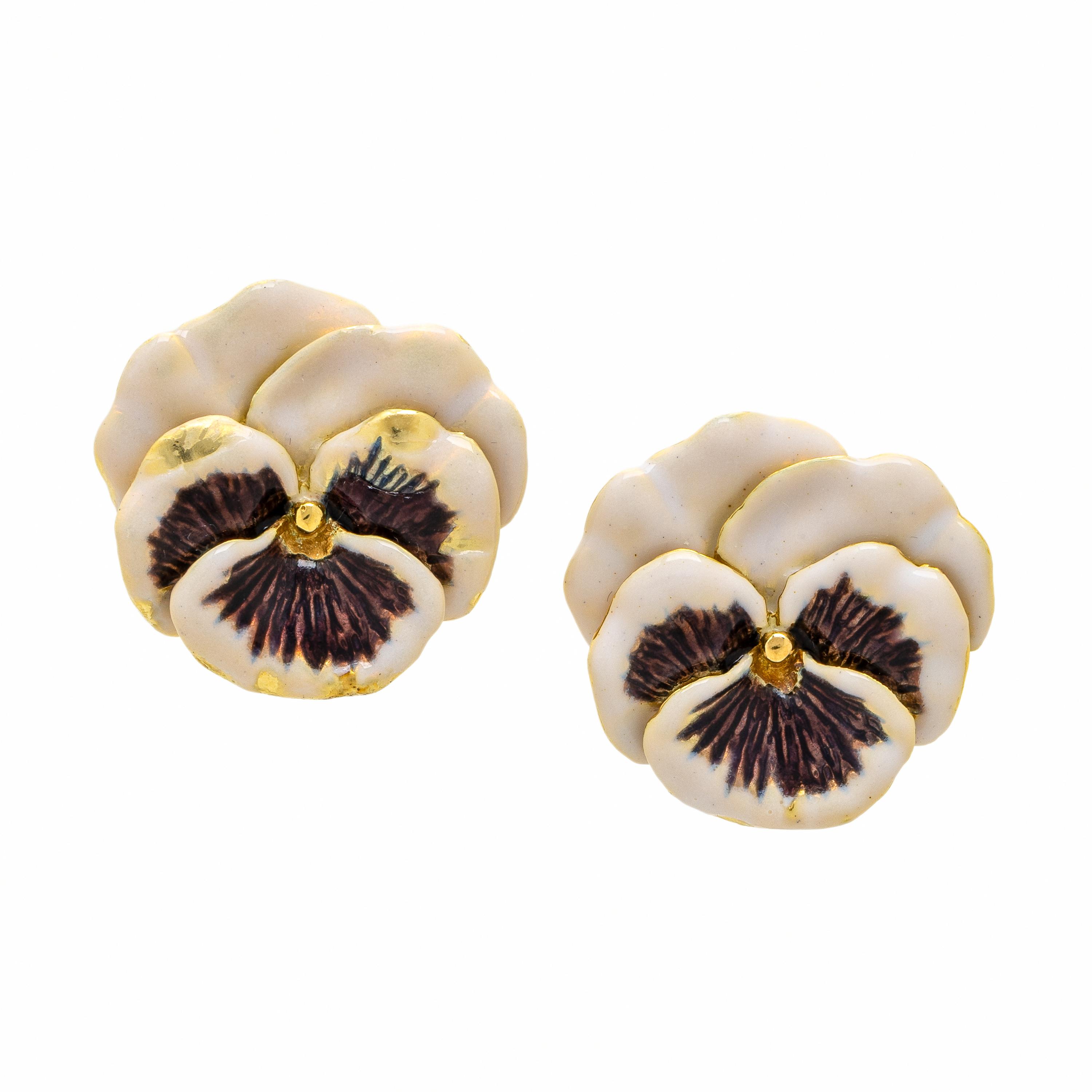 Mish, Enamel and Yellow Gold Pansy Earrings
