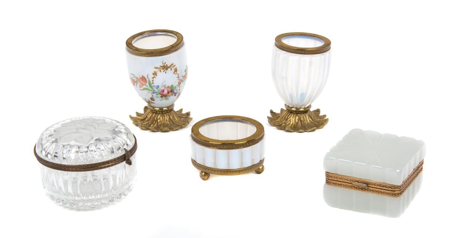 Five Miscellaneous Gilt Metal Mounted Glass Desk Articles Diameter of largest 3 1/2 inches.