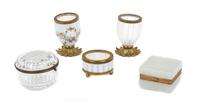 Five Miscellaneous Gilt Metal Mounted Glass Desk Articles Diameter of largest 3 1/2 inches.