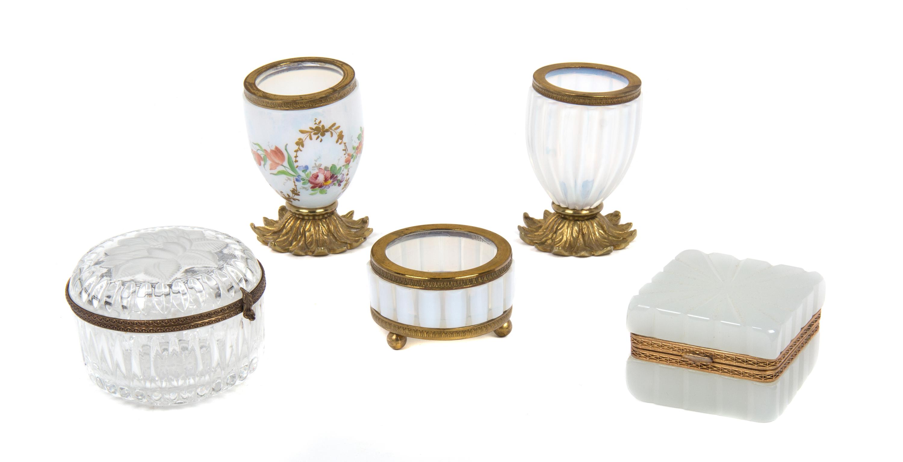 Five Miscellaneous Gilt Metal Mounted Glass Desk Articles Diameter of largest 3 1/2 inches.