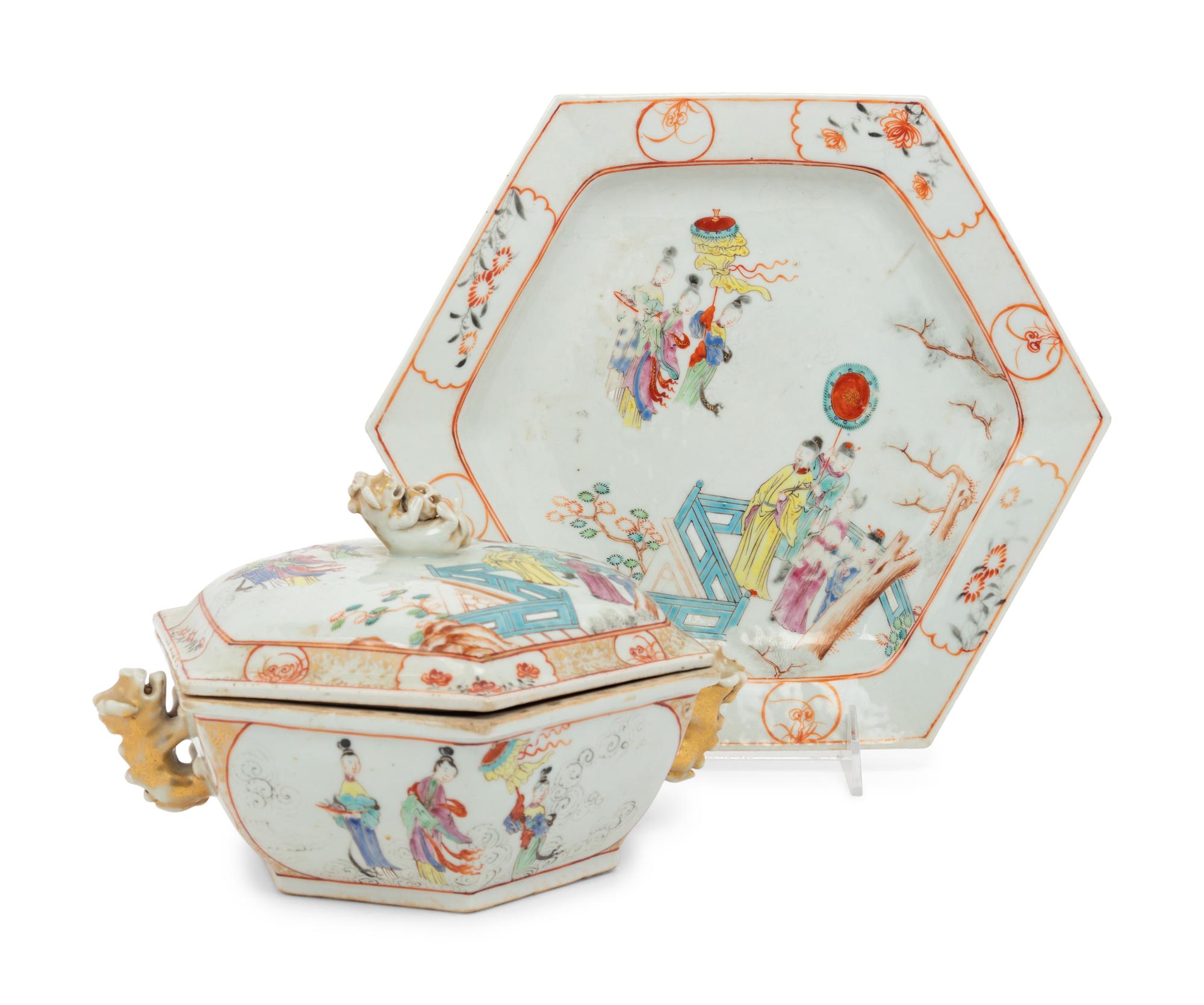 A Chinese Export Famille Rose Hexagonal Tureen and Underplate